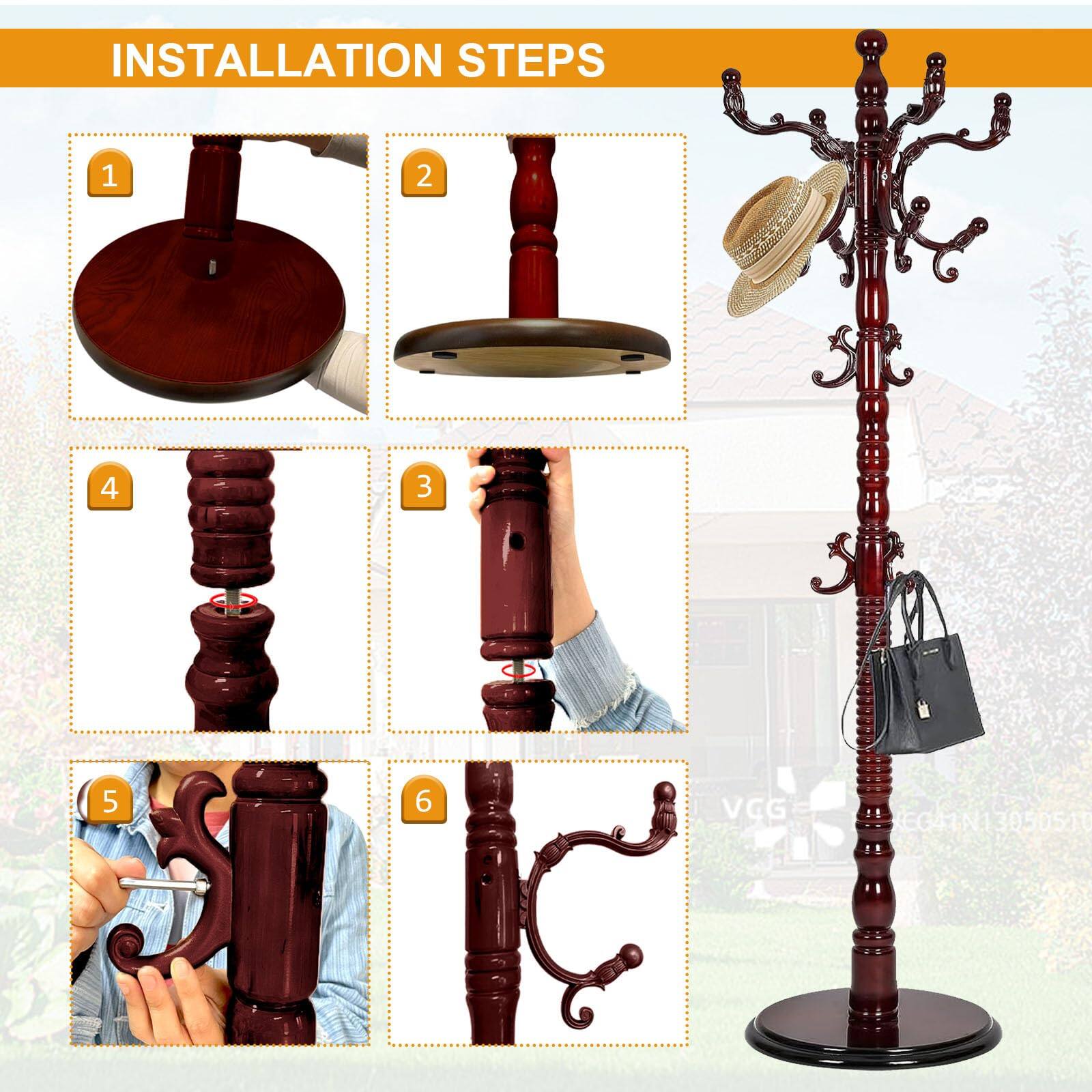 INSTALLATION STEPS

1. Place the base on the floor.
2. Attach the top plate to the base.
3. Insert the central column into the top plate.
4. Attach the spiral section to the central column.
5. Attach the decorative arms to the central column.
6. Place the hat and bag on the stand.