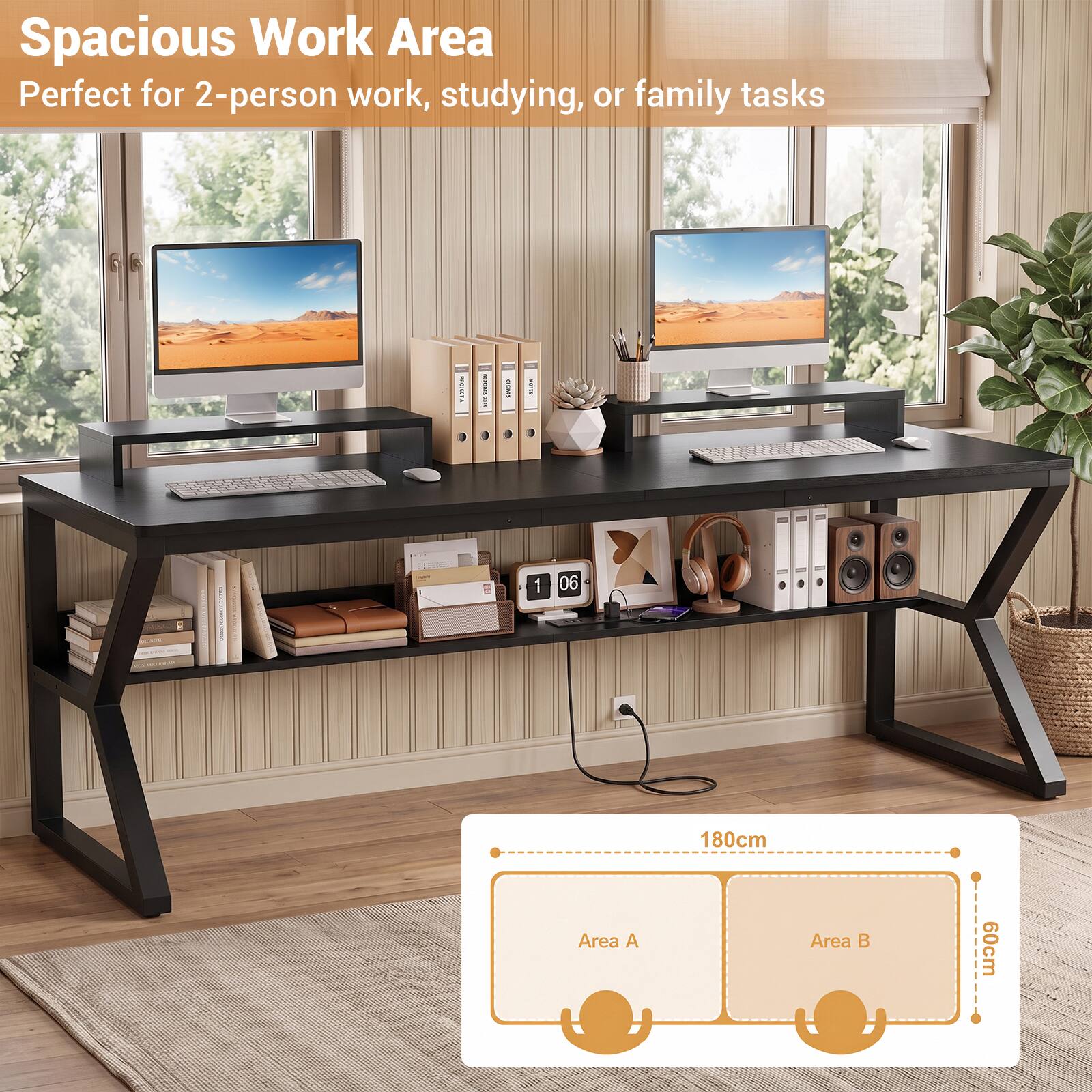 Spacious Work Area  
Perfect for 2-person work, studying, or family tasks

PROMATA  
MIGAES SAN  
1  
06  
Area A  
180cm  
Area B  
60cm