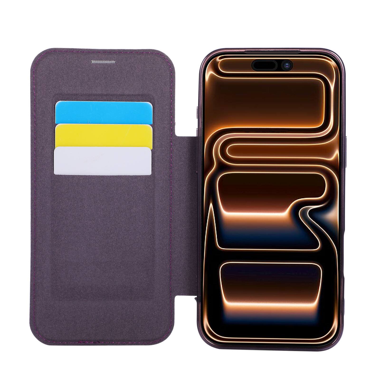 Alt View 4. Dteck - Floral Relief Faux Leather Flip Wallet Case for Apple iPhone 17 Pro Max,Mag Safe Electroplated Slim Clear Back Cover - Purple.