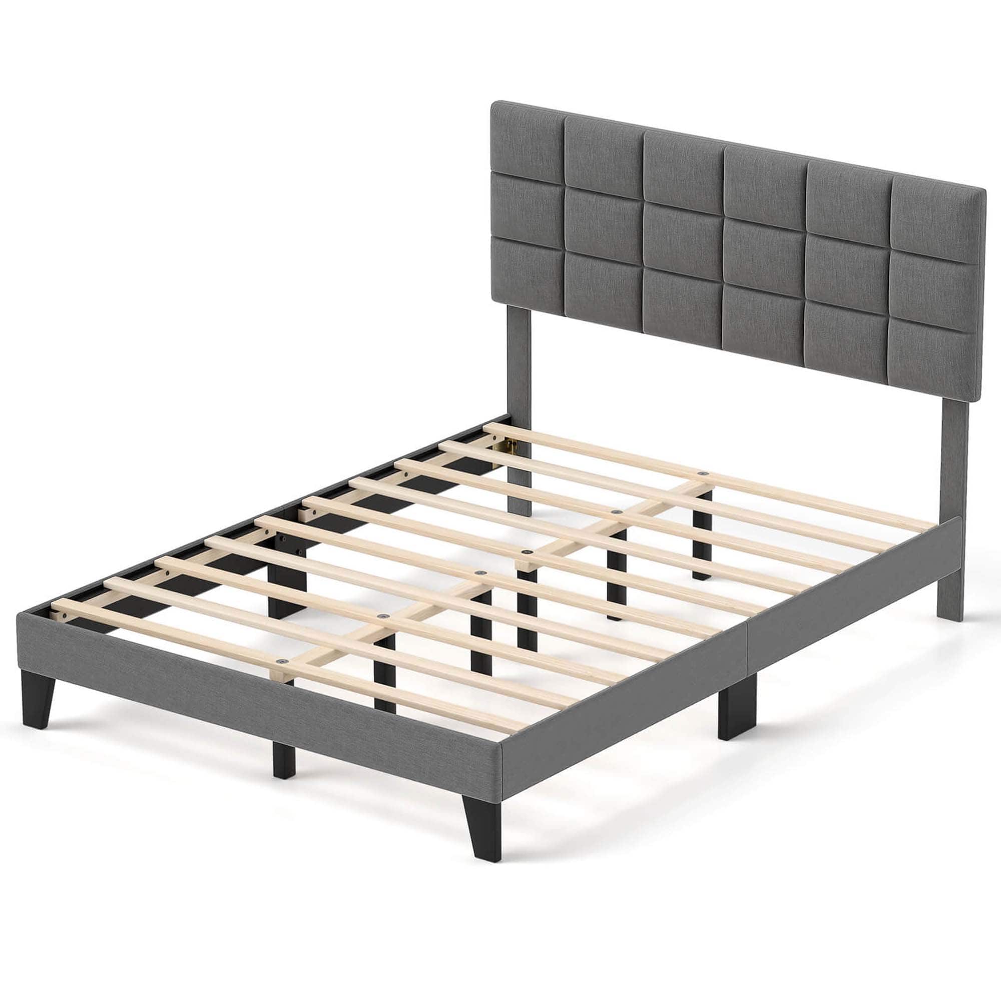 Front. Costway - Queen Size Bed Frame Modern Linen Fabric Upholstered Platform Bed with Headboard - Gray.