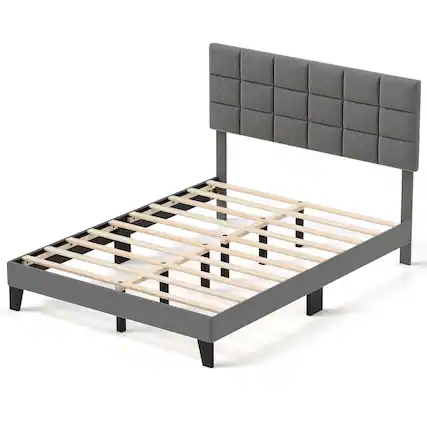 Front. Costway - Queen Size Bed Frame Modern Linen Fabric Upholstered Platform Bed with Headboard - Gray.