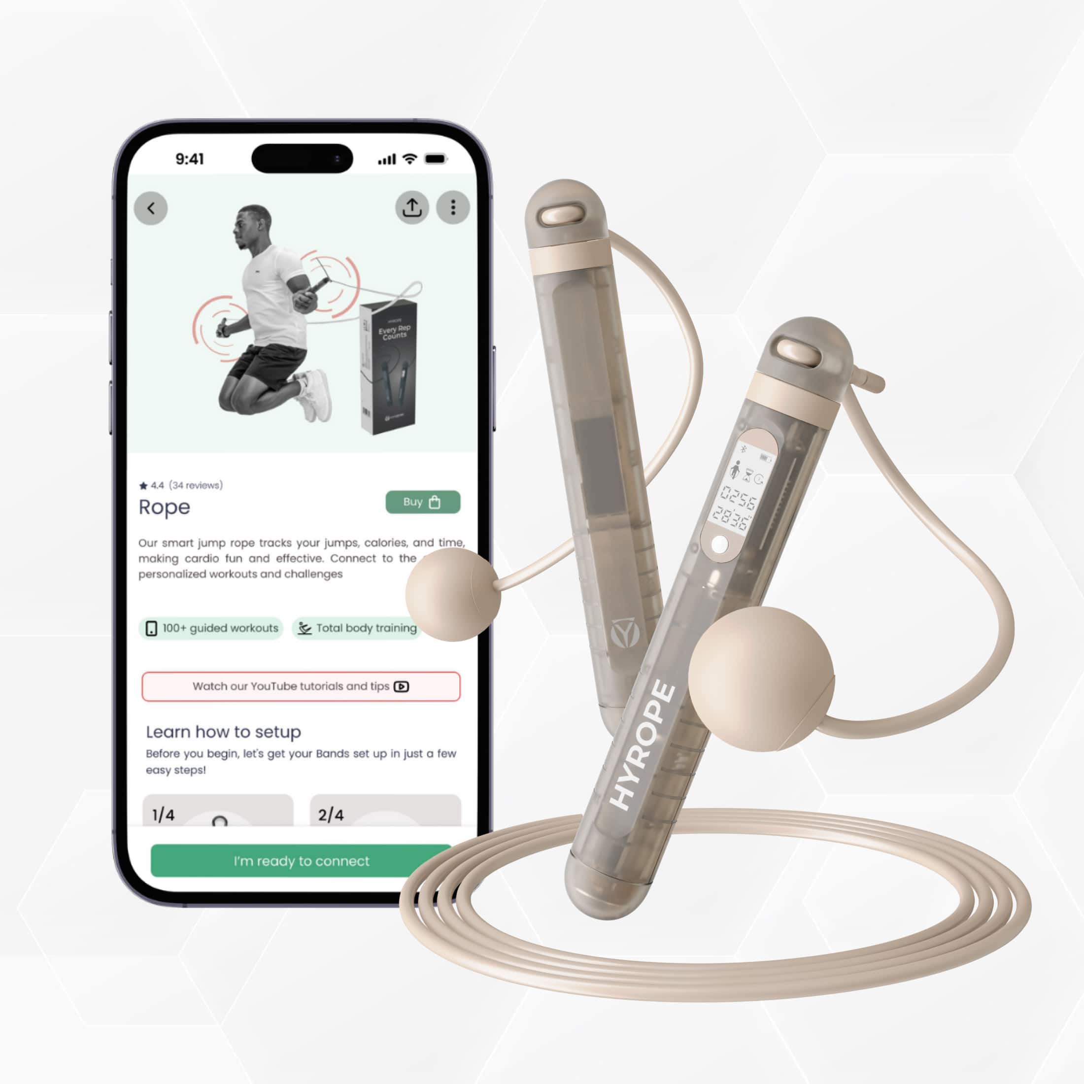 Habeats - Smart Jump Rope, AI Powered Fitness Tracker, Fitness App Lifetime Access, Adjustable, Cordless, Cardio Weight Loss - Desert
