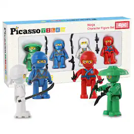 PicassoTiles - PICASSO-TILES 4 PC Ninja Character Set, Magnetic Tiles and Brick Compatible Set, STEM Toys for Kids 3+ - Multicolor