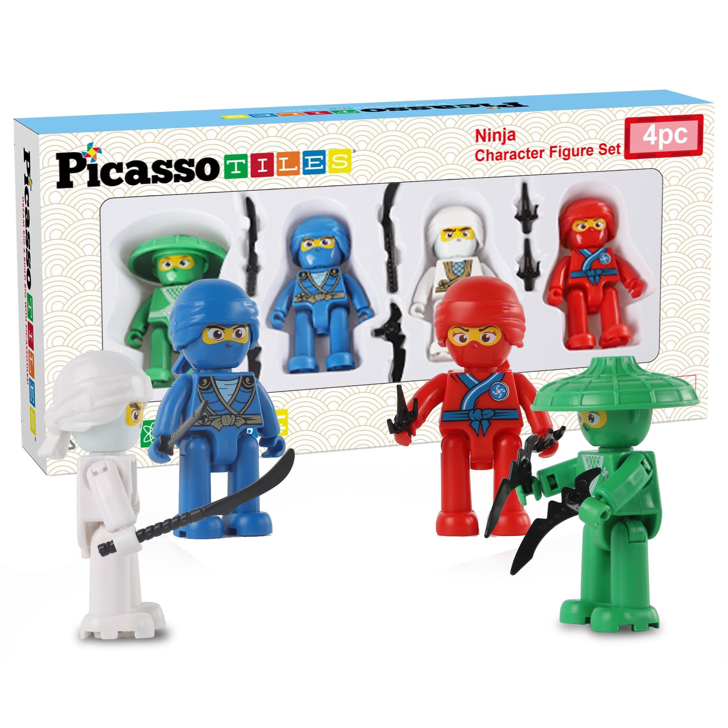 PicassoTiles - PICASSO-TILES 4 PC Ninja Character Set, Magnetic Tiles and Brick Compatible Set, STEM Toys for Kids 3+ - Multicolor
