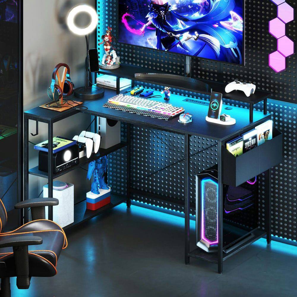 Angle. Resenkos - L-Shaped Gaming Desk - LED Lights & Power Outlets, Black - Black.