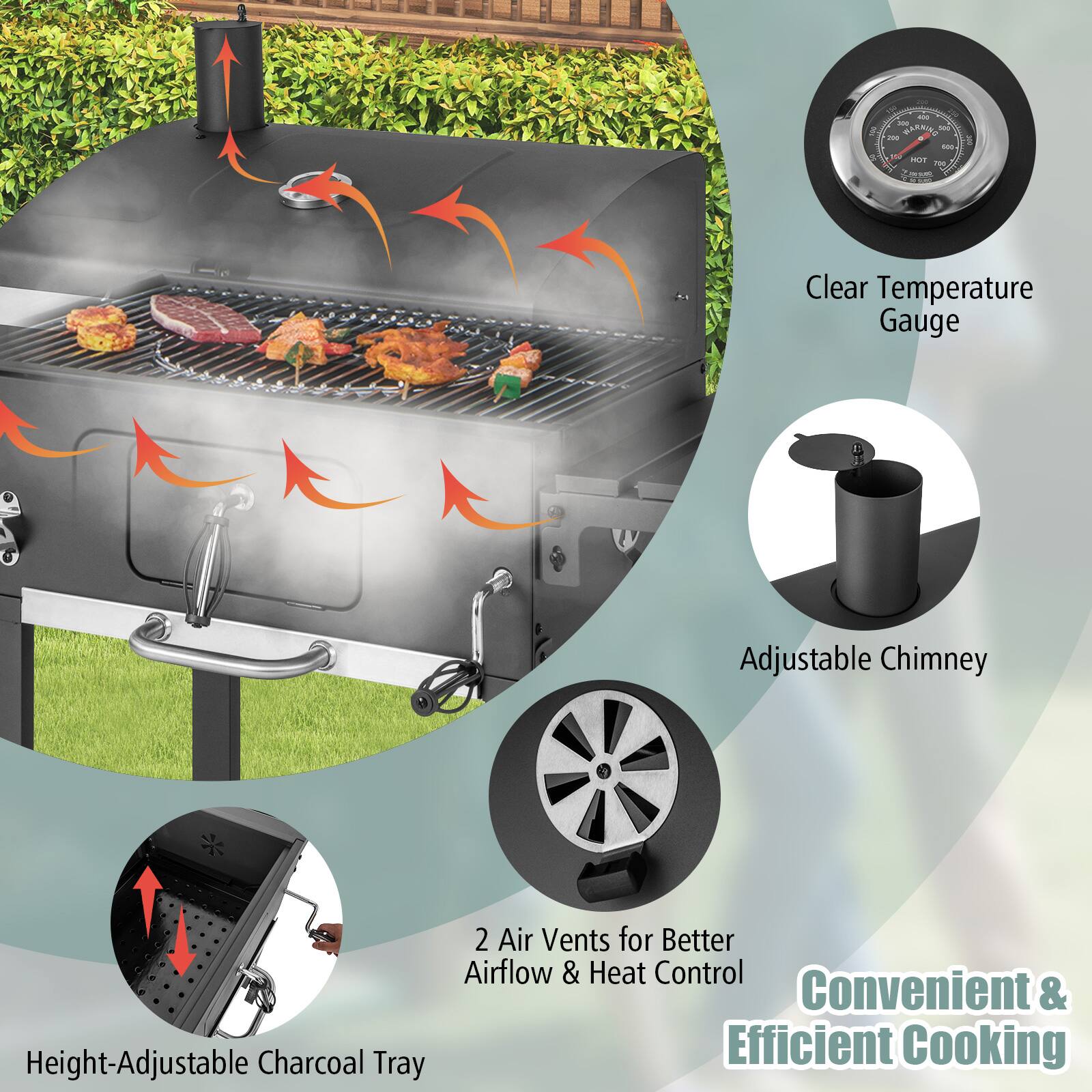 1 - Clear Temperature Gauge
2 - Adjustable Chimney
3 - 2 Air Vents for Better Airflow & Heat Control
4 - Height-Adjustable Charcoal Tray
5 - Convenient & Efficient Cooking