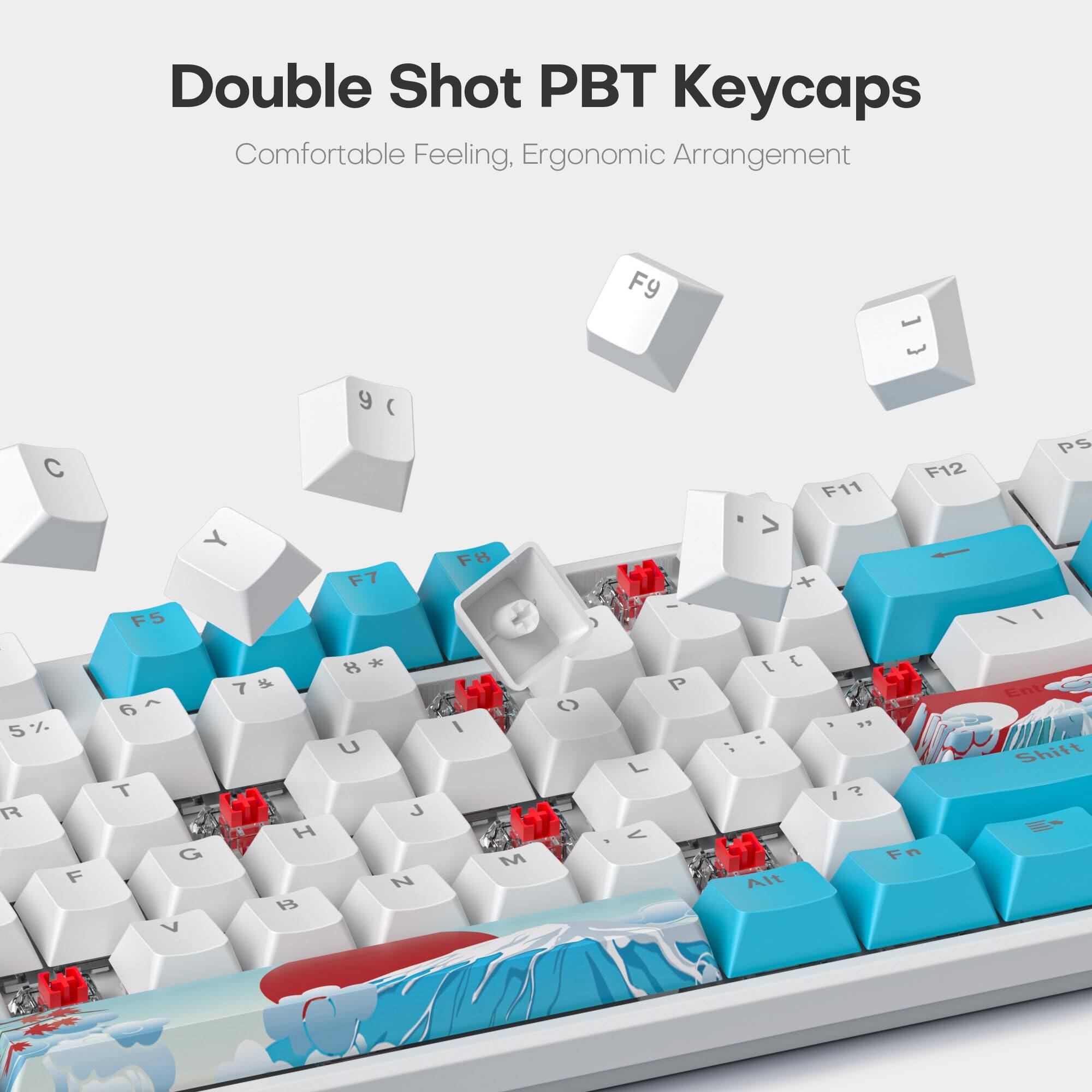 Double Shot PBT Keycaps  
Comfortable Feeling, Ergonomic Arrangement  

F9 C F5 Y 9 ) F7 F8 ) F11 + F12 / PS I 5% R F 6 T G V 7 3 7 F H 8 U J A I M C L < P J { : : Alt . . ? Fn Ent Shift