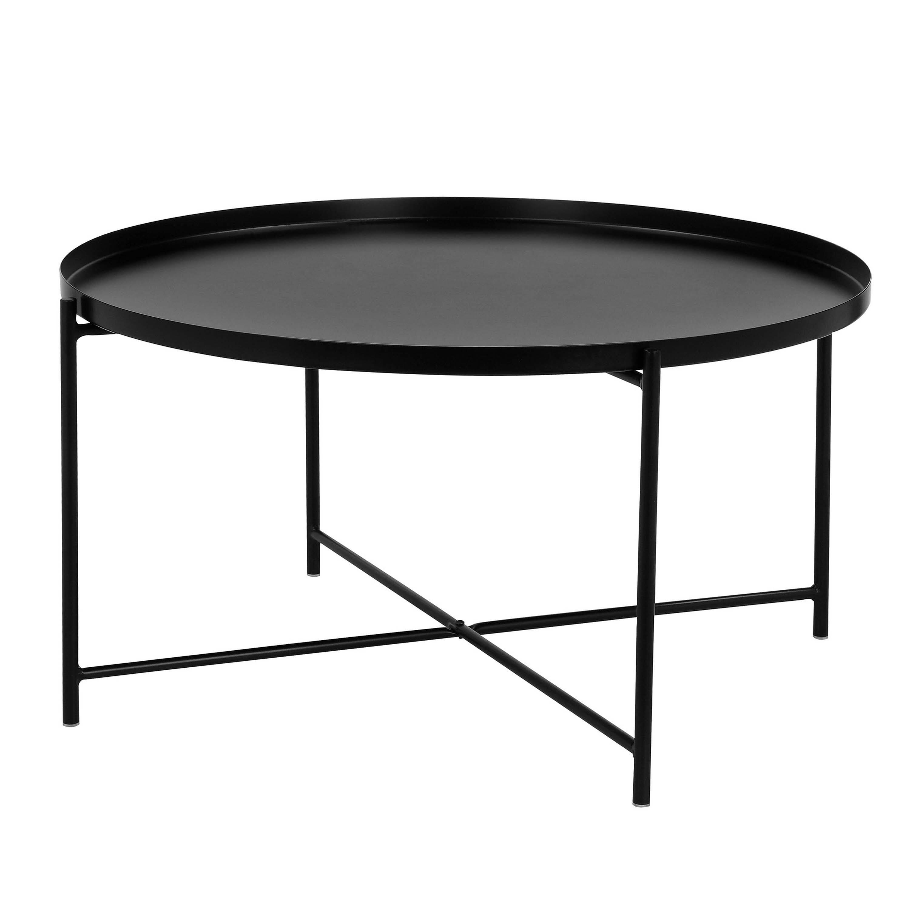 Left. Manhattan Lane - Ely 33 Inch Coffee Table, Round Tray Top, Cross Base, Metal Finish - Black.