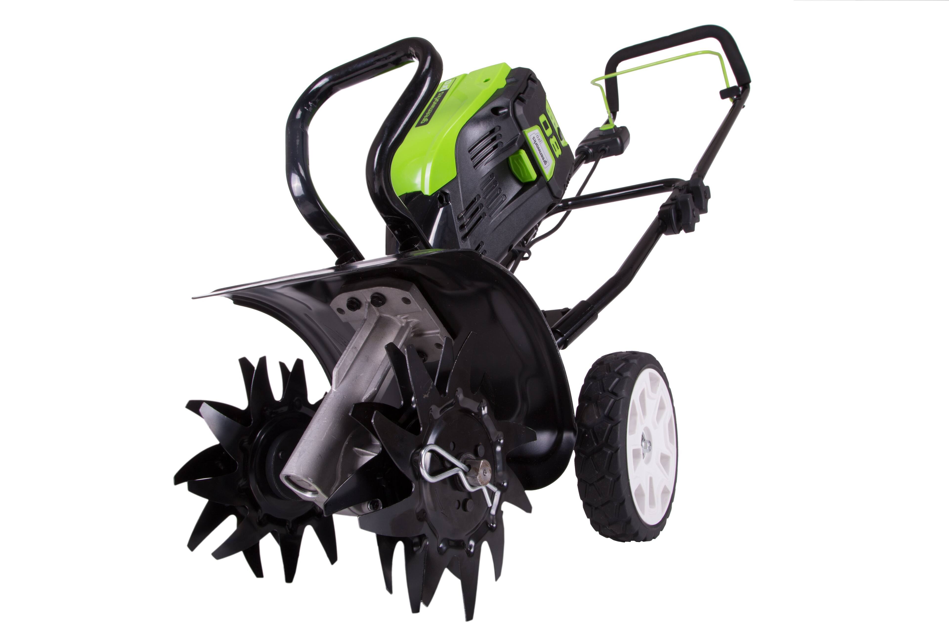 Left. Greenworks - 80V 10 in. Cultivator (Battery and charger not included) - Green.
