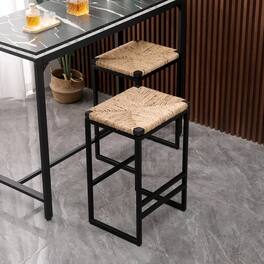 GOODSILO - Set of 2 Backless Bar Stools with Paper Rope Woven Seats for Kitchen Counter and Dining - Natural