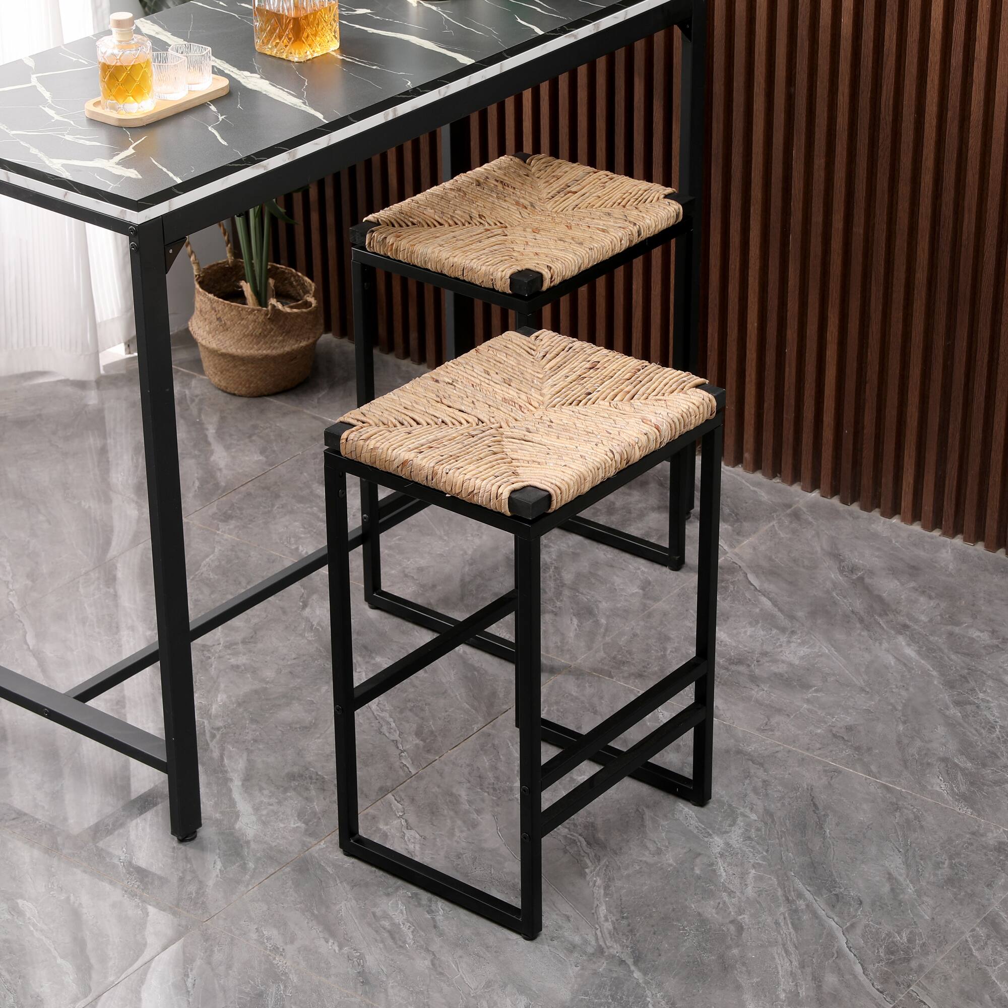 Front. GOODSILO - Set of 2 Backless Bar Stools with Paper Rope Woven Seats for Kitchen Counter and Dining - Natural.