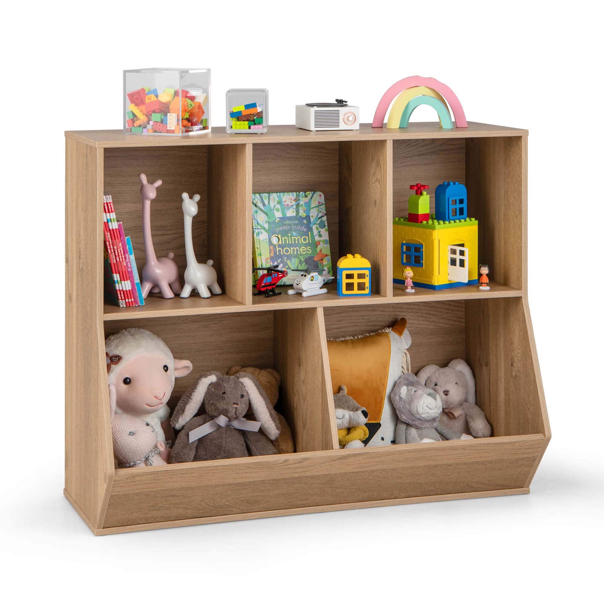 Costway - 5-Cubby Kids Toy Storage Organizer Wooden Bookshelf Display Cabinet - Natural