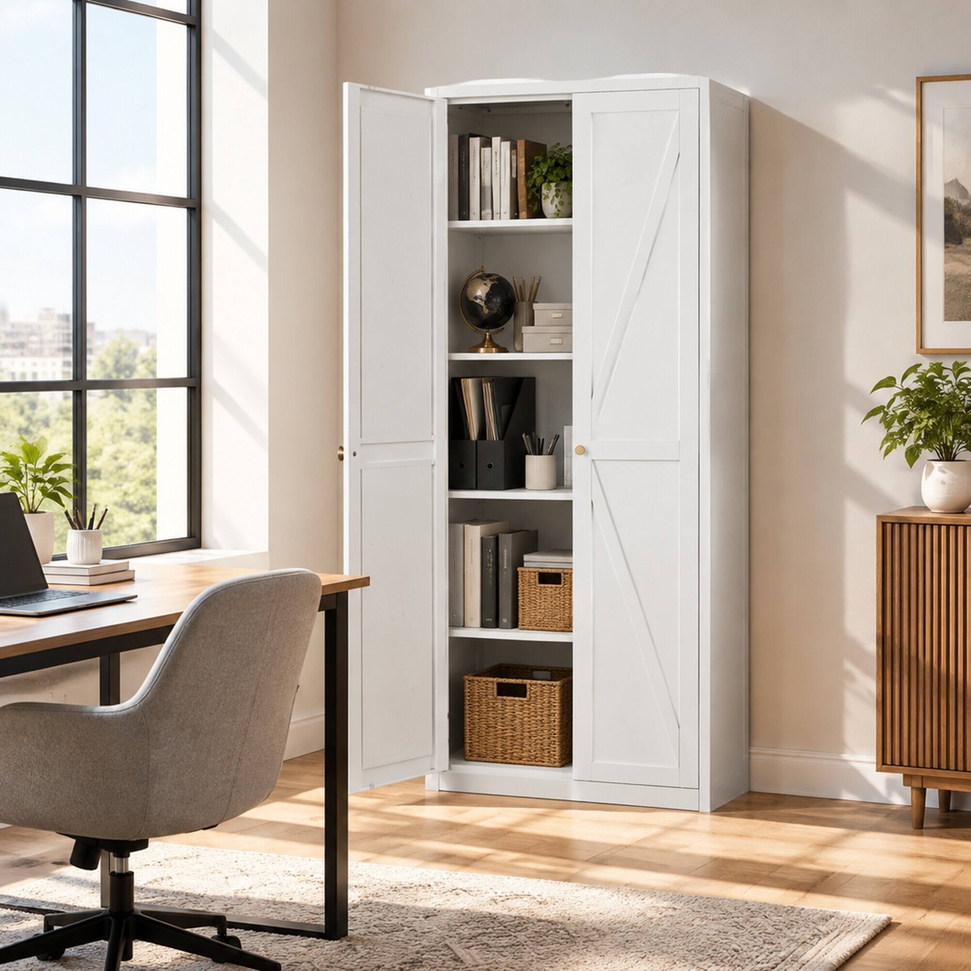 Left. RYHNUYNE - Freestanding Metal Storage Cabinet with 2 Doors and Adjustable Shelves, Steel Kitchen Pantry Cabinet - White.