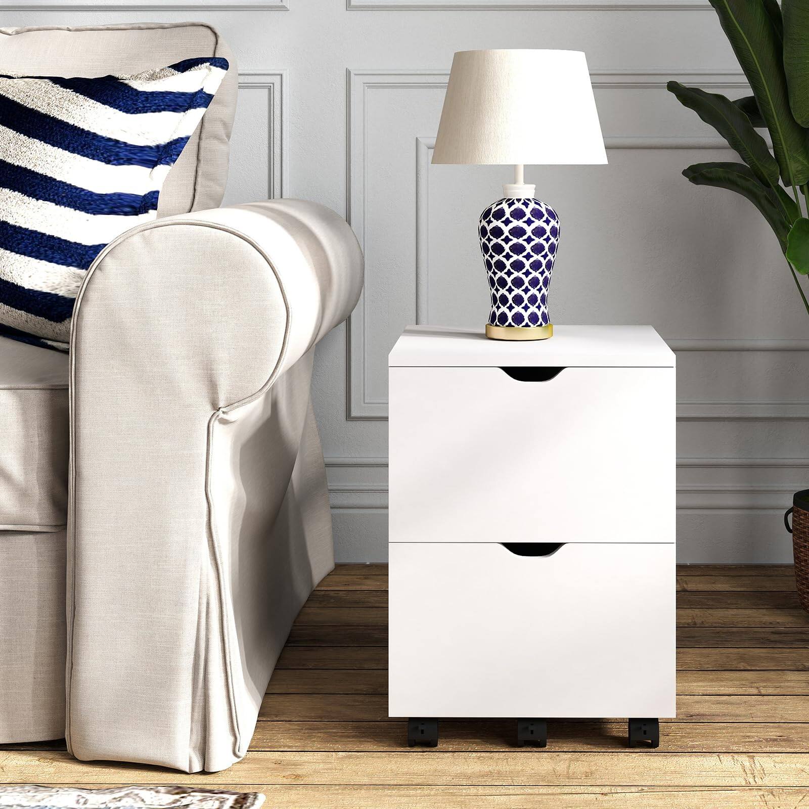 Left. Earthley Blooms - Under Desk Cabinet Deep Mobile Wood Storage Drawer Home Rolling Shelf Office Printer Stand.