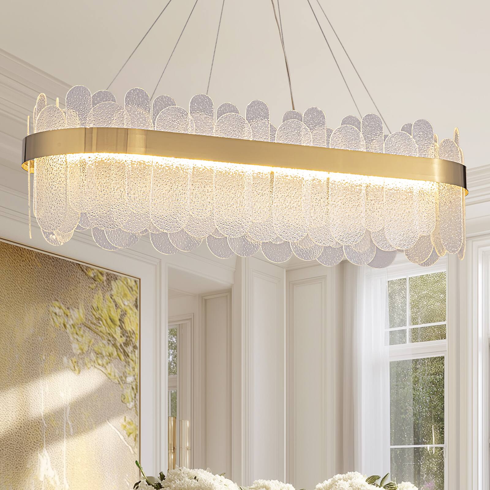 Angle. Siljoy - 39.4" Gold Linear Crystal Glass Chandelier, Dimmable LED Pendant Light for Dining Room Kitchen Island Living Foyer - Gold.
