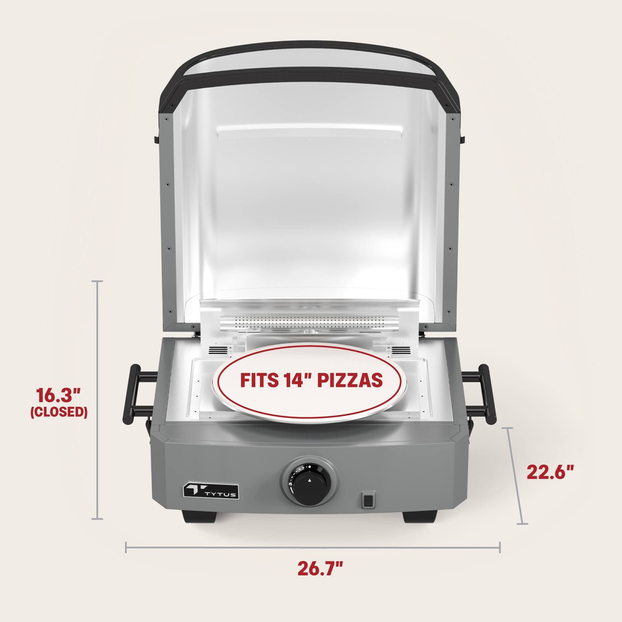 The text on the image reads: "16.3" (CLOSED) FITS 14" PIZZAS TYTUS 22.6" 26.7".