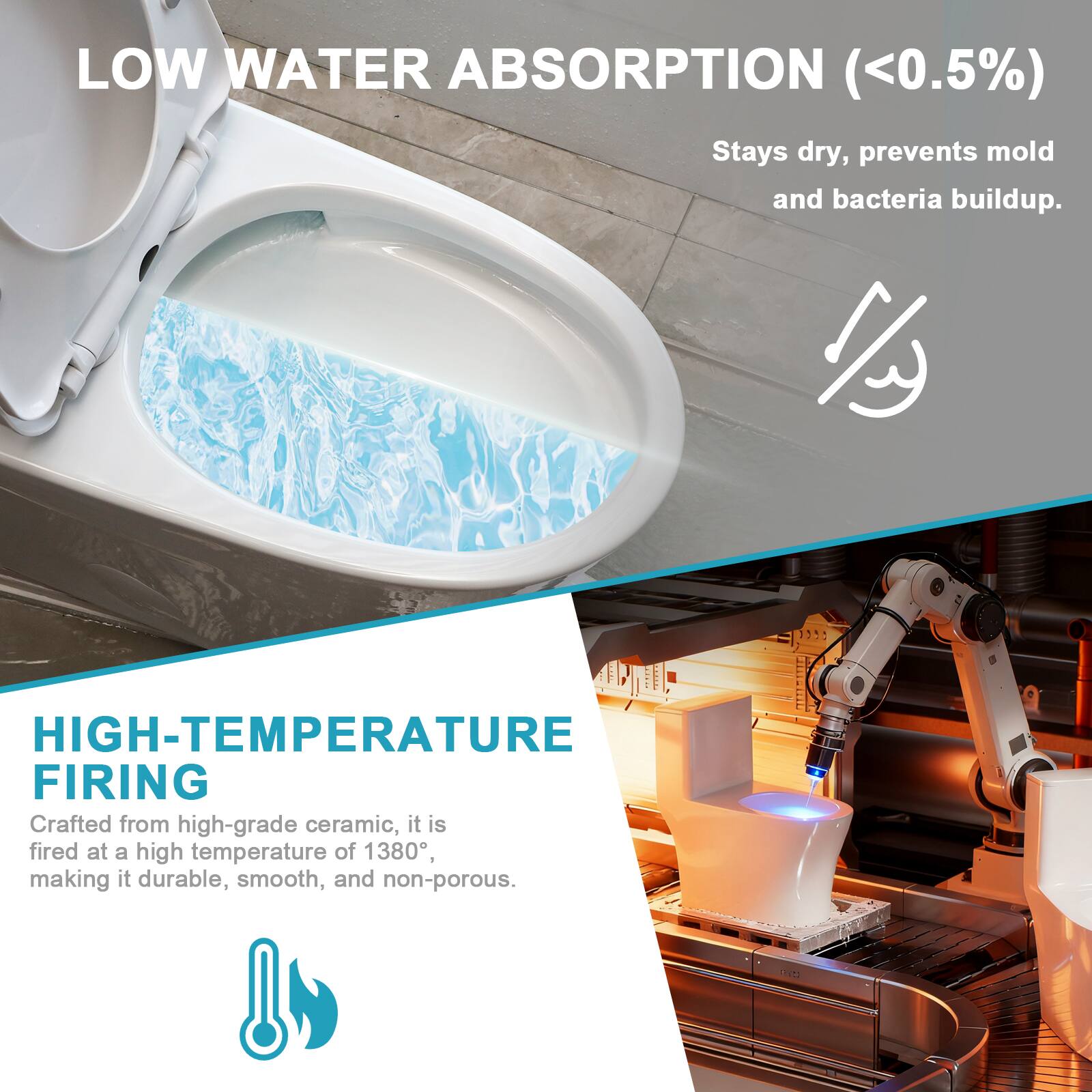 LOW WATER ABSORPTION (<0.5%)  
Stays dry, prevents mold and bacteria buildup.

HIGH-TEMPERATURE FIRING  
Crafted from high-grade ceramic, it is fired at a high temperature of 1380°, making it durable, smooth, and non-porous.
