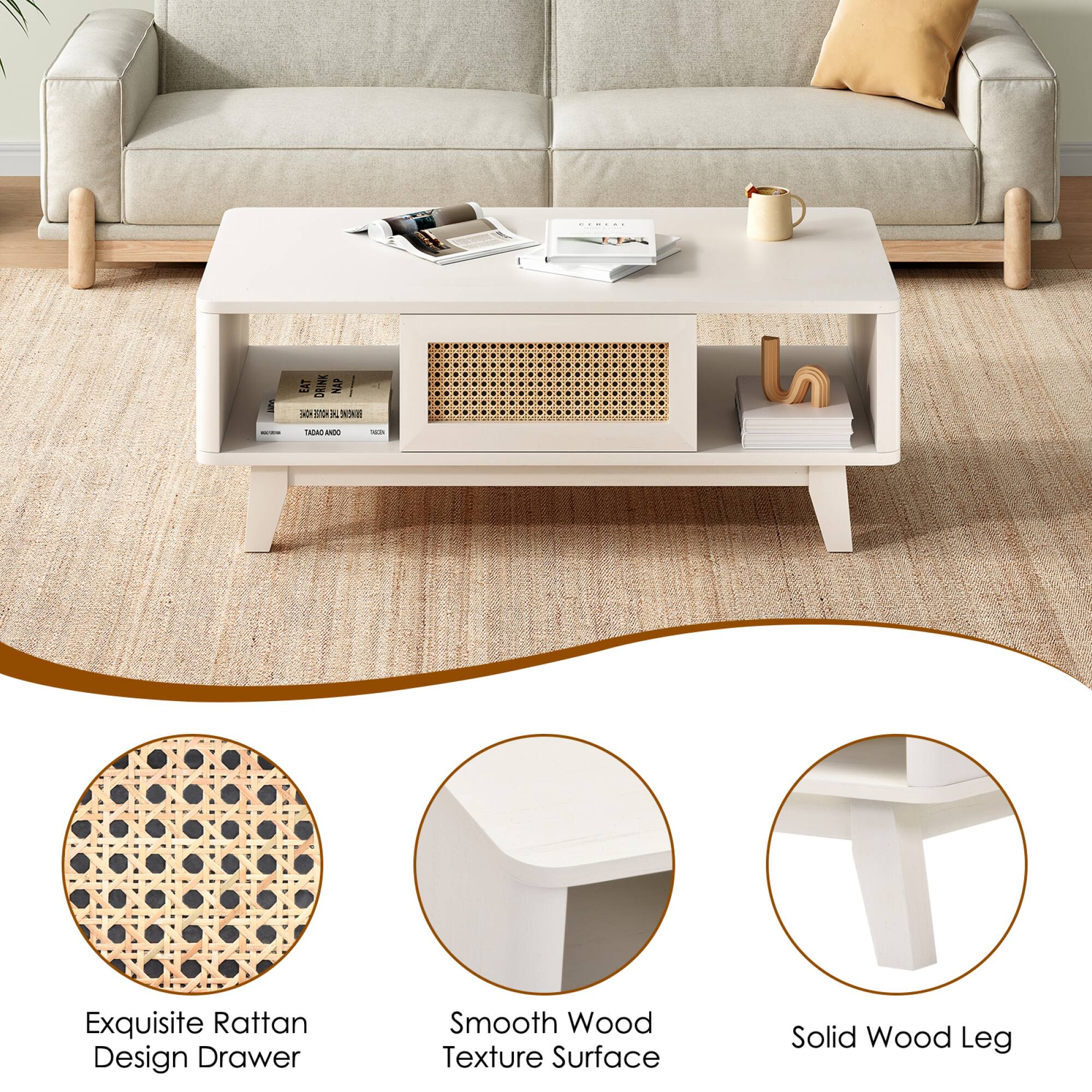 - Exquisite Rattan Design Drawer
- Smooth Wood Texture Surface
- Solid Wood Leg
