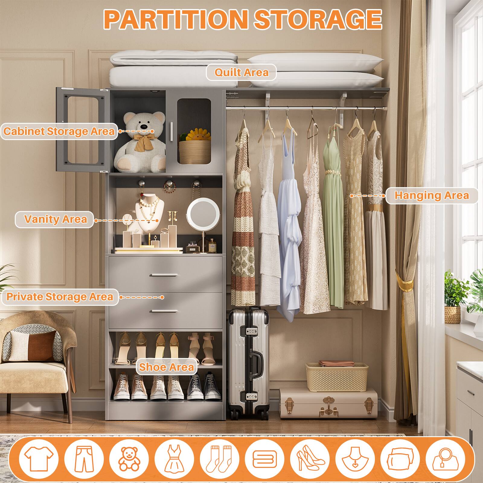 PARTITION STORAGE

- Quilt Area
- Cabinet Storage Area
- Vanity Area
- Private Storage Area
- Shoe Area
- Hanging Area