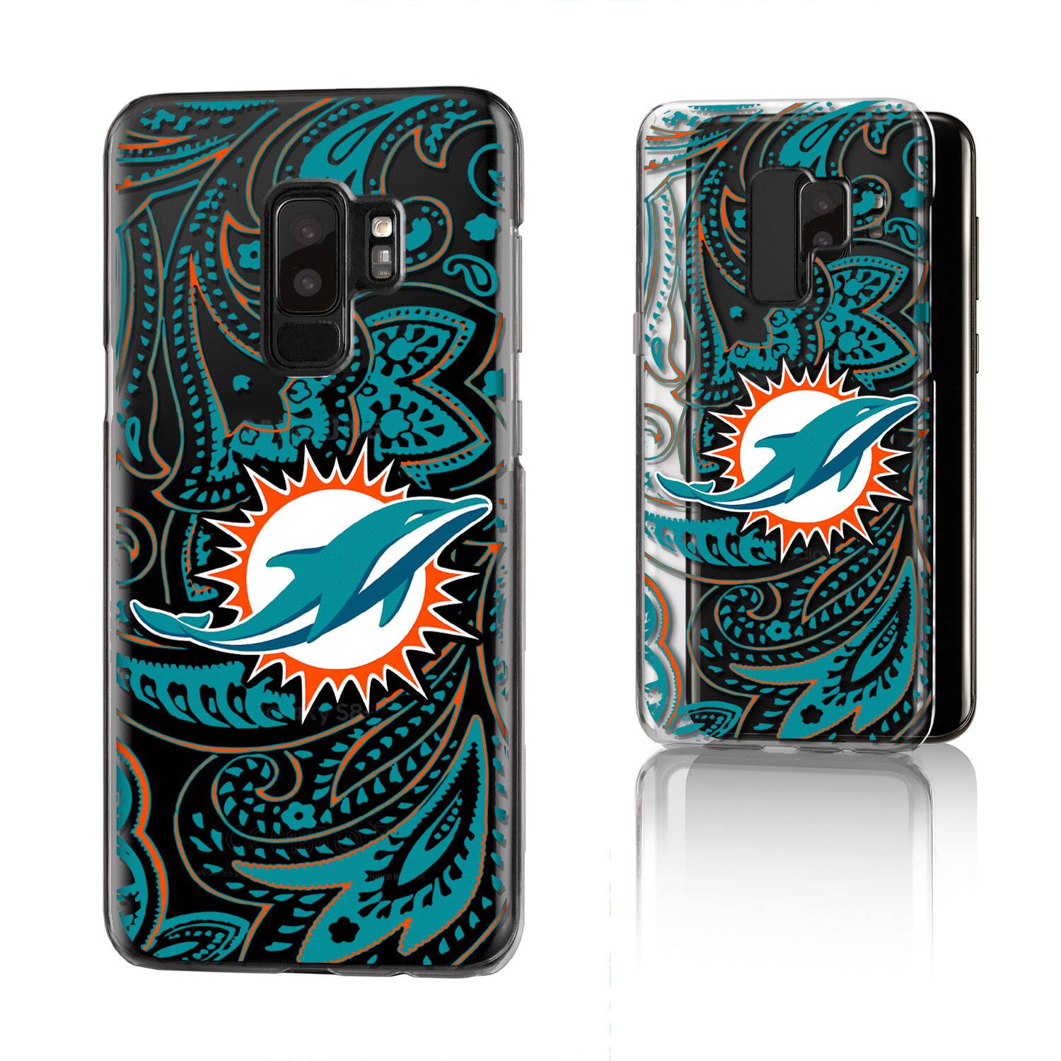 Front. Keyscaper - Miami Dolphins Galaxy Clear Paisley Design Case - S23 - Multicolor.