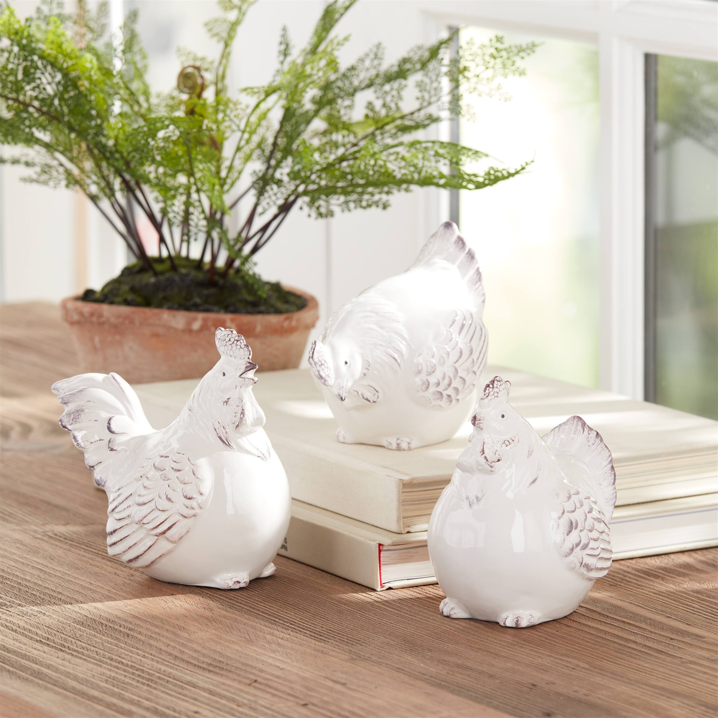 Angle. BreeBe - Ceramic Chicken Decor (Set of 6) - White, Beige.