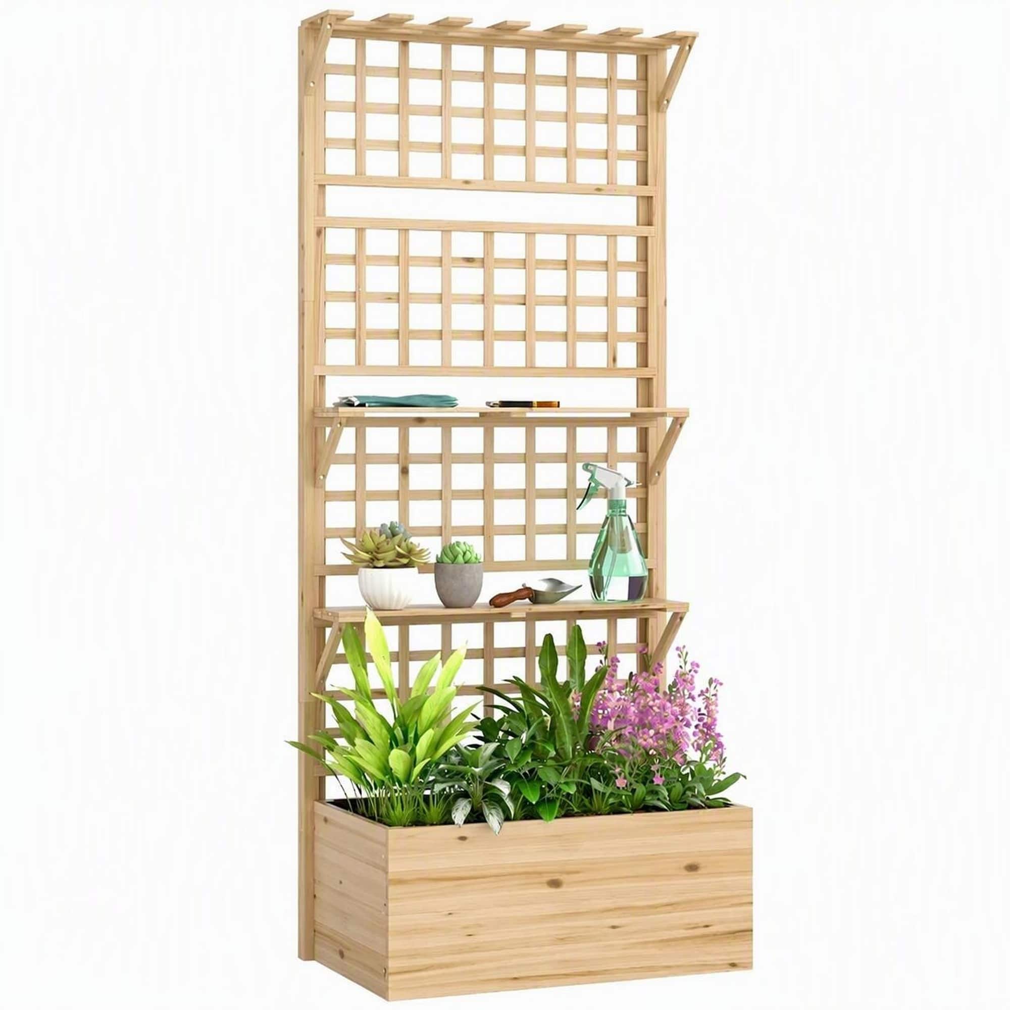 RYHNUYNE - Wooden Raised Garden Bed with Trellis and Storage Shelves, Fir Wood Planter Box for Climbing Plants, Natural - Natural Wood