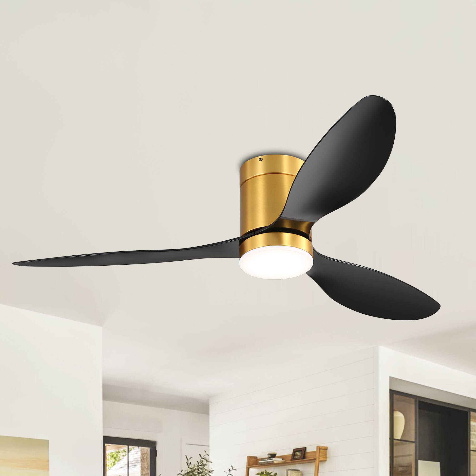 Angle. Breezary - 52-Inch Flush Mount LED Ceiling Fan with 3 ABS Blades, DC Motor 120V/60Hz 28W, Memory Function, Remote Control - Black and Gold (with light).