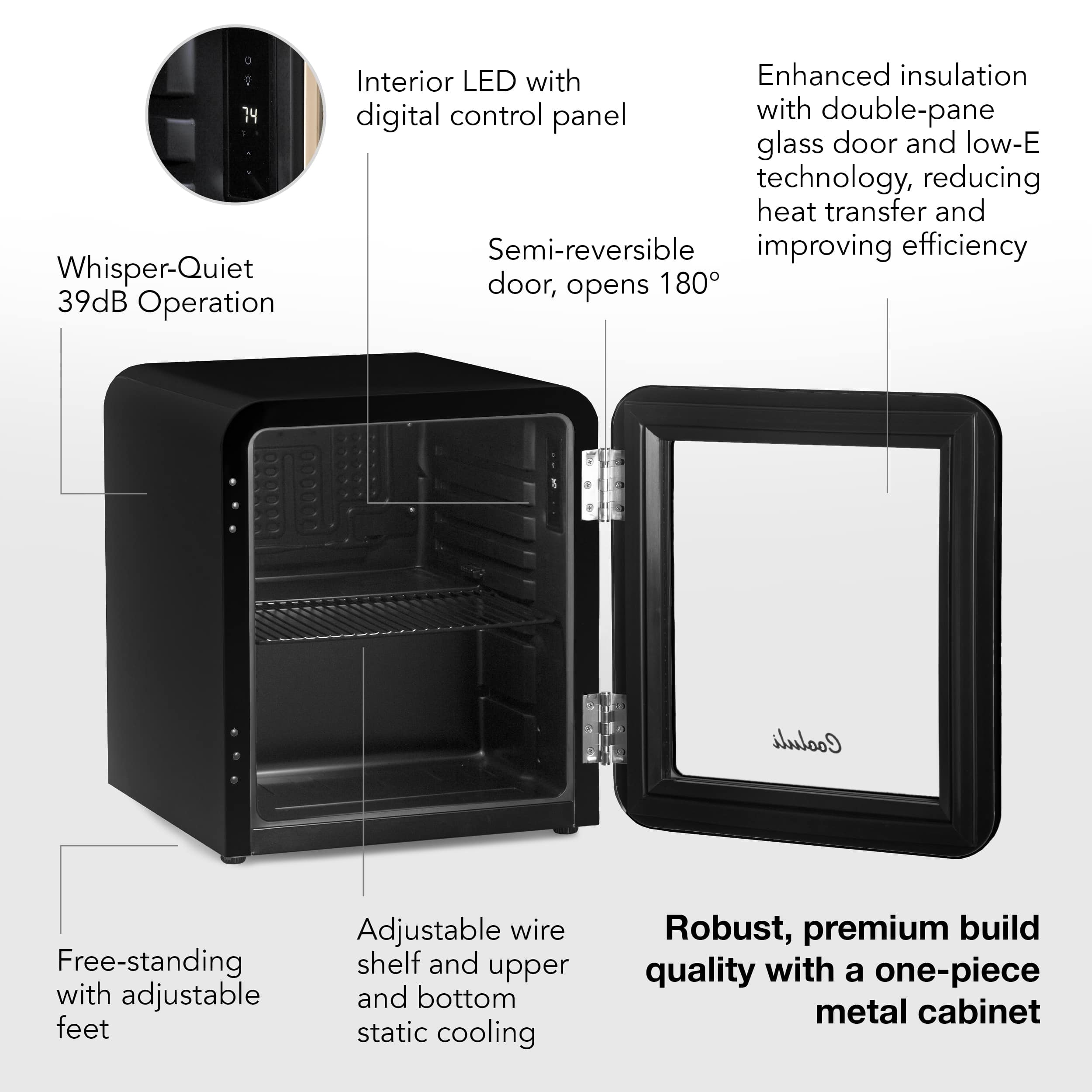 The image features a refrigerator with a digital control panel and a double-pane glass door. The refrigerator is designed to operate with a whisper-quiet 39dB operation, and it has an interior LED with enhanced insulation. The door of the refrigerator opens 180 degrees, and it is equipped with low-E technology to reduce heat transfer. The refrigerator also has a semi-reversible door, which improves efficiency. The refrigerator is built with a robust, premium quality and features a one-piece metal cabinet. Additionally, it has adjustable wire shelves and static cooling technology for improved performance.