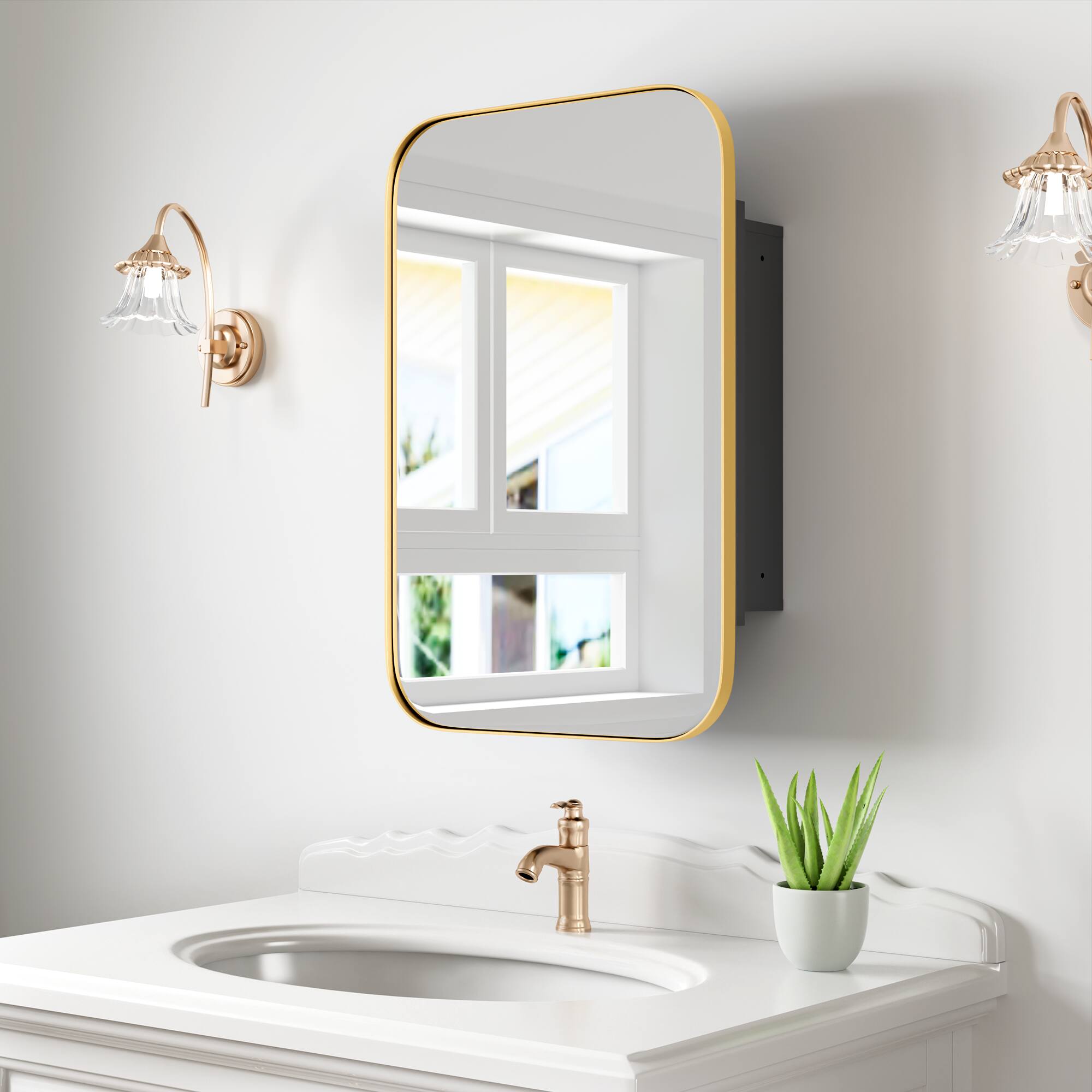 Alt View 1. PexFix - 16" x 24" Rectangular Rounded Corners Mirror Medicine Cabinet - Metal Frame, Recessed or Surface Mount for Bathroom - Gold.