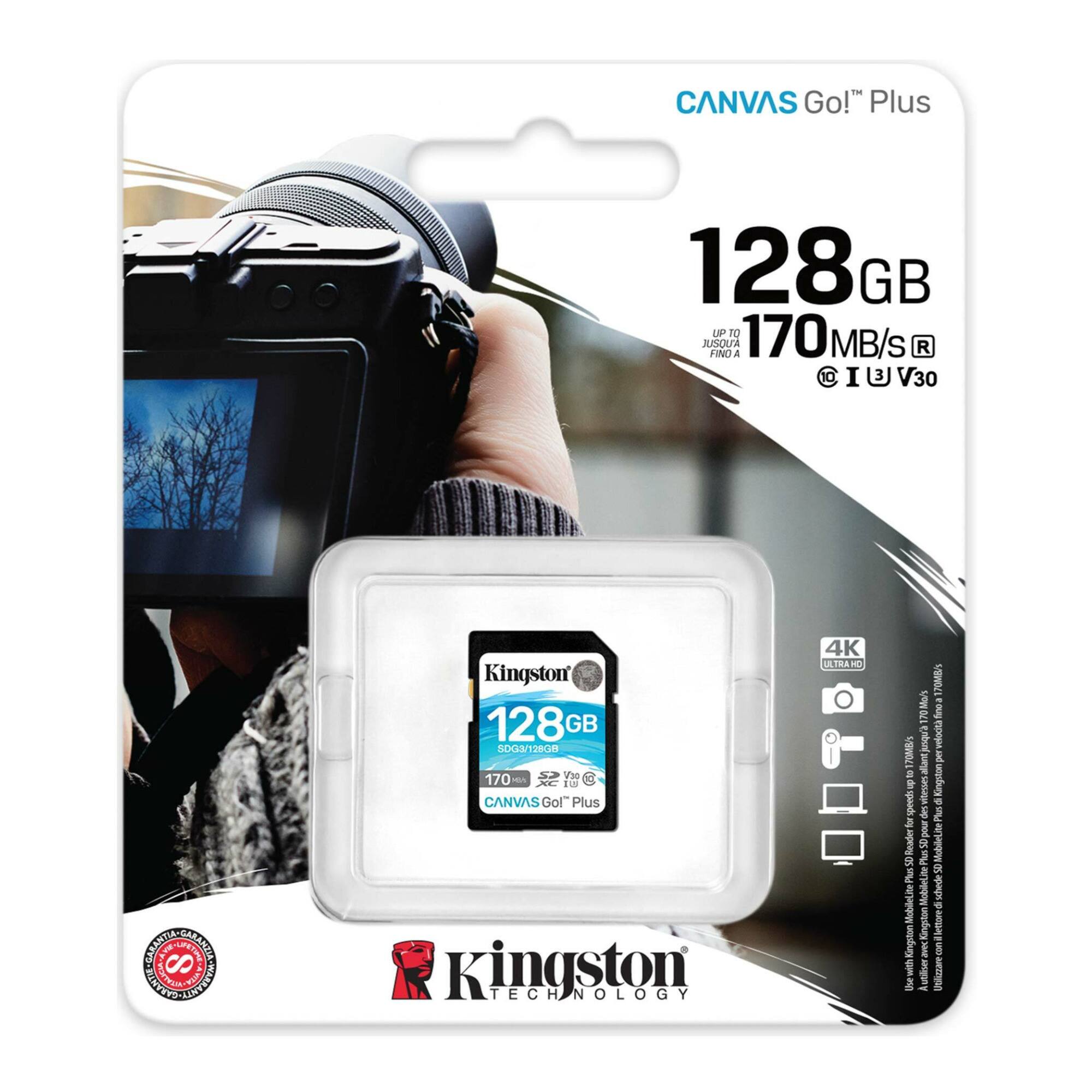CANVAS Go! Plus  
128 GB  
UP TO 170 MB/s  
U3 V30  

Kingston  
128GB  
SDHC/SDXC  
170 MB/s  
CANVAS Go! Plus  

Kingston Technology  

4K ULTRA HD  
VIDEO SPEED  
UP TO 170 MB/s  
READ SPEED  

CANVAS Go! Plus  
Kingston Technology
