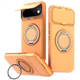 Dteck - Rugged Case for Google Pixel 11 Pro XL Shockproof Drop Protection Hidden Card Slot Ring Kickstand Sliding Camera Cover - Orange