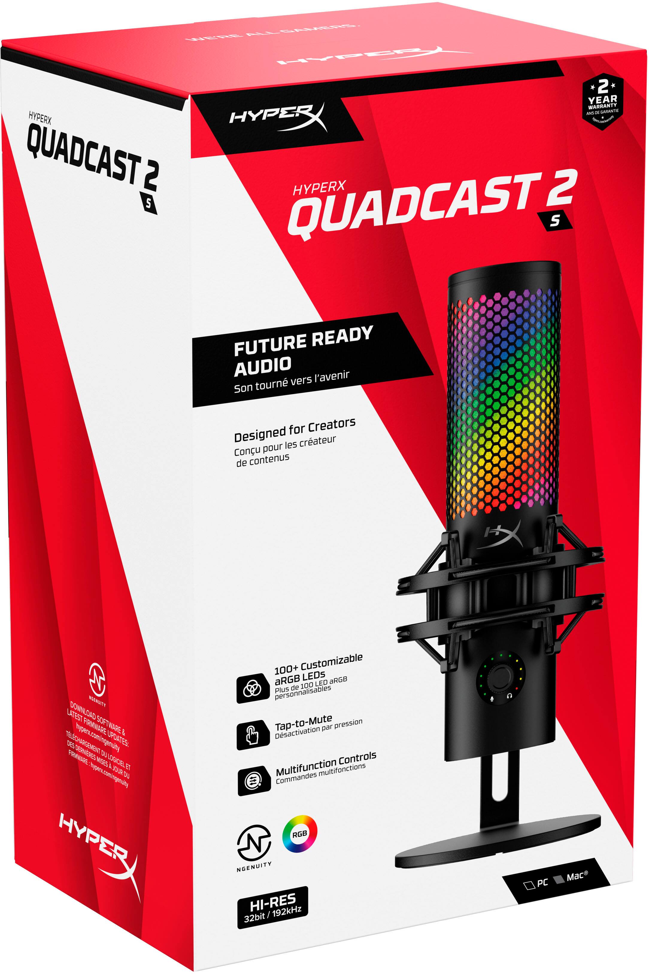 The text on the image reads: "HYPERX QUADCAST 2 FUTURE READY AUDIO FOR CREATORS Designed for content creators. Latest downloads and updates at hyperspeed.com/downloads. 100+ Customizable aRGB LEDs. Tap-to-Mute DS activation. Dual-pressure control. Multifunctional controls. Hi-Res 192kHz 32bit/384kHz PCM."