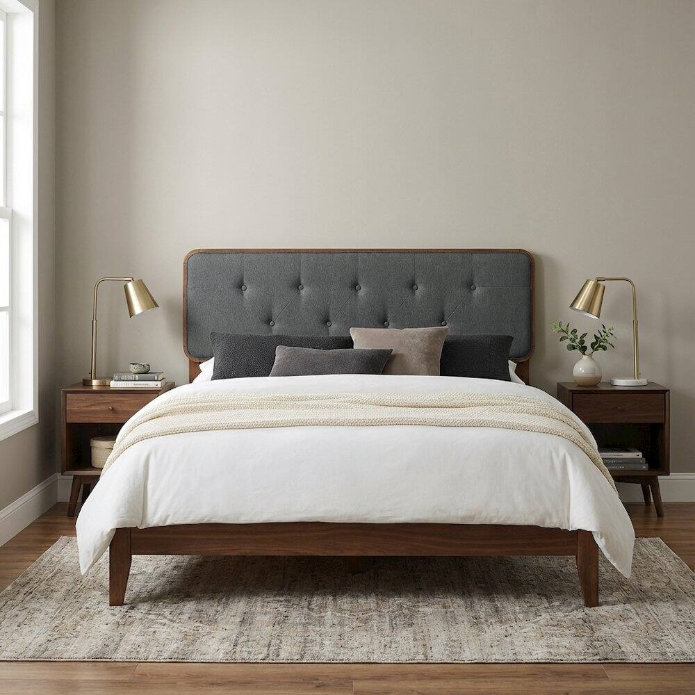 Left. FurniFact - Tufted Fabric Full Headboard with Wood Frame in Neutral Finish - Brown.