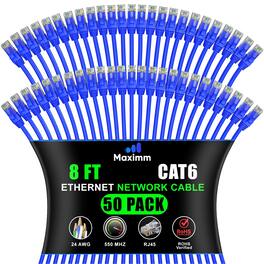 Maximm - Cat 6 Ethernet Cable 8 ft (50-Pack) - UTP, 10Gbps, 550MHz