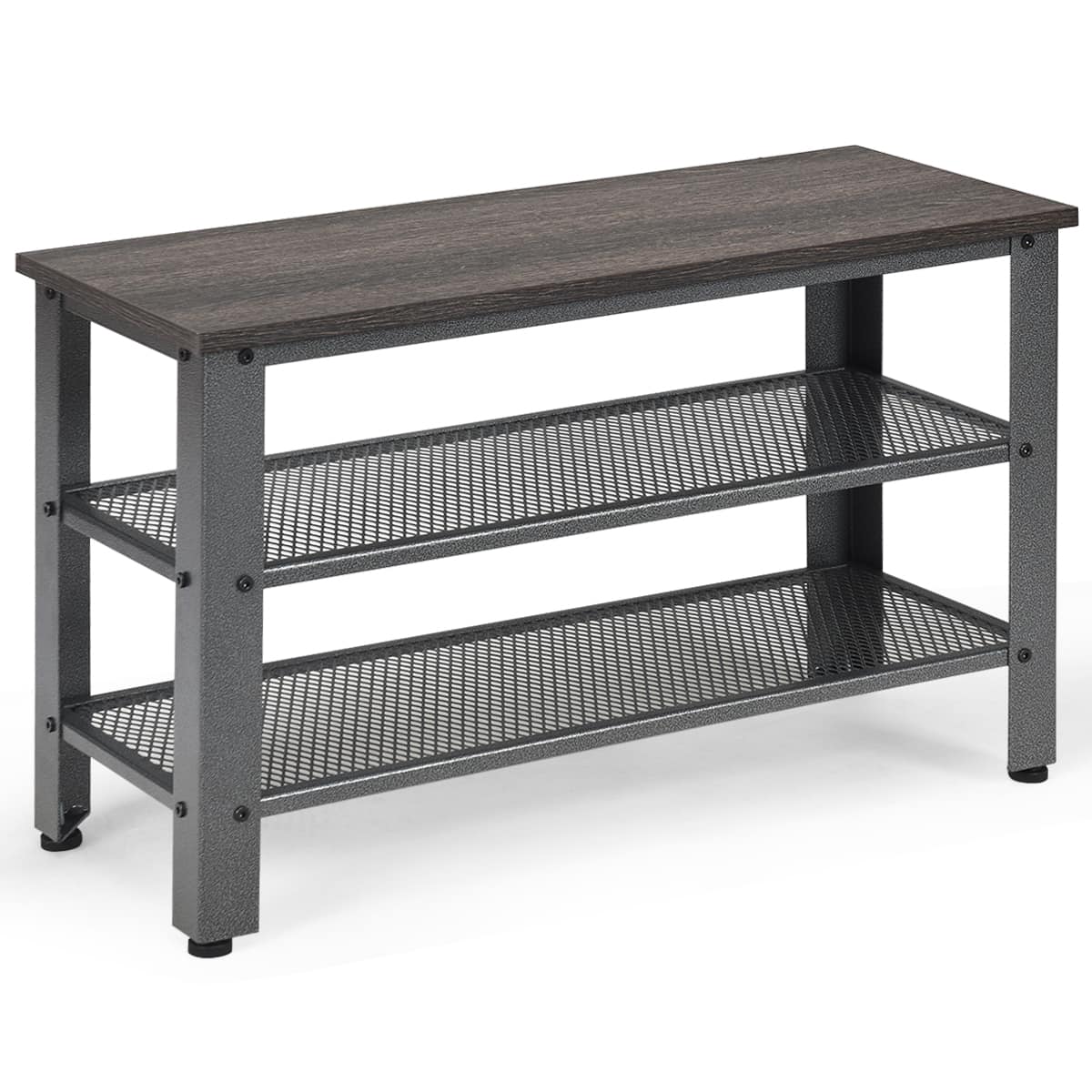 Front. Costway - 3-Tier Shoe Rack，Industrial Shoe Bench with Storage Shelves for LivingRoom Grey - Silver and brown.