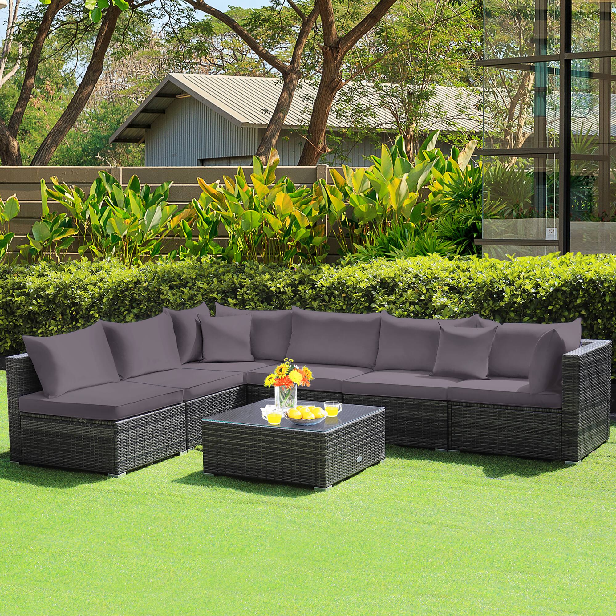 Alt View 3. Costway - 7PCS Patio Rattan Furniture Set Sectional Sofa Cushioned Garden - Gray.