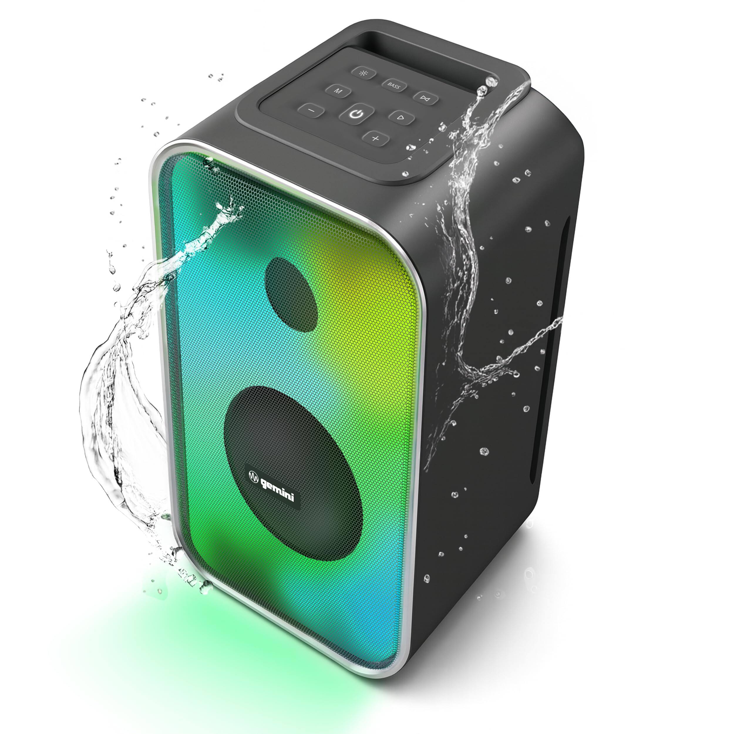 Front. Gemini - 600W Portable Bluetooth Party Speaker - LED Lights - Peak Power, 6Hr Battery, IPX5 Waterproof, USB/AUX/FM Radio O.
