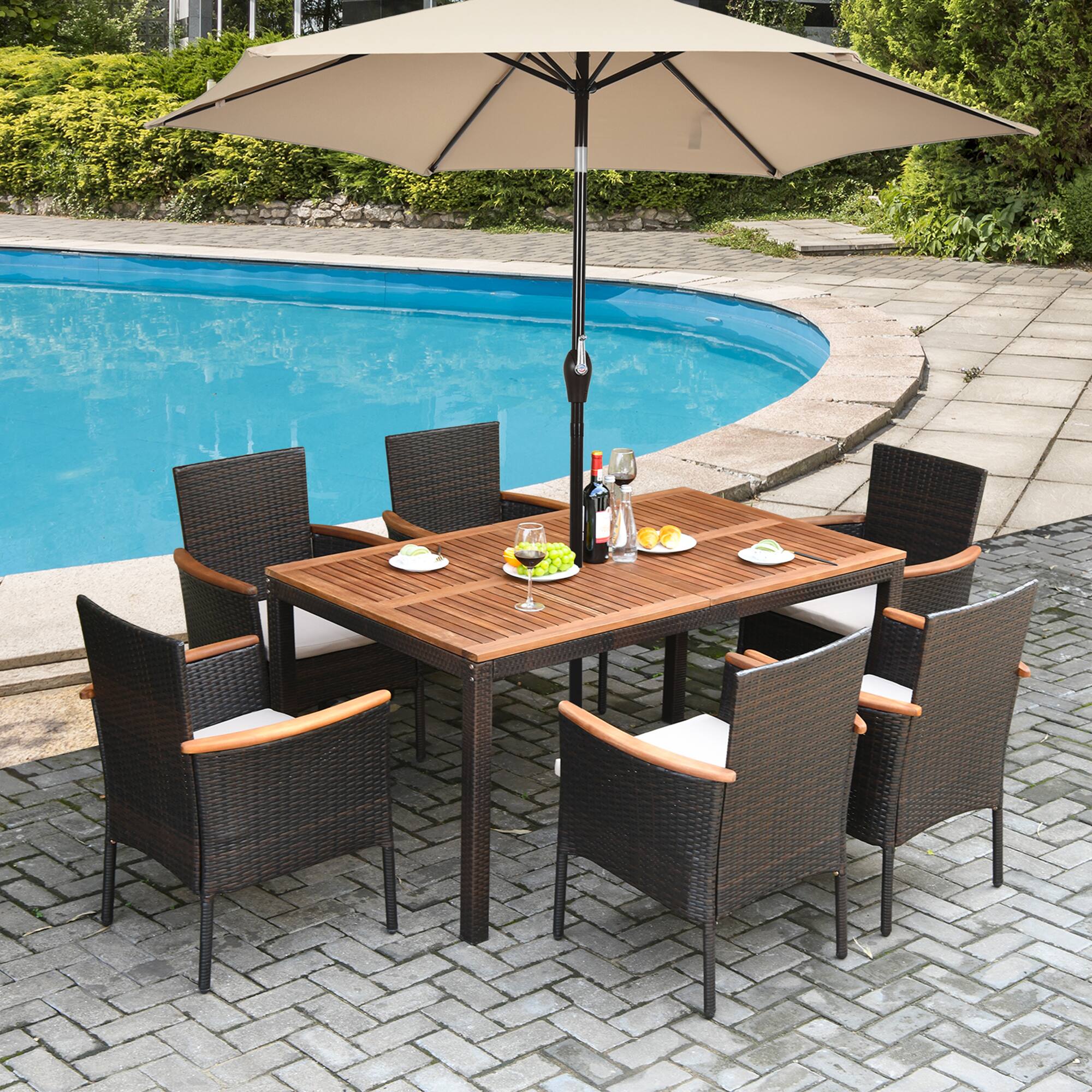 Alt View 3. Gymax - Gymax 7PCS Rattan Outdoor Dining Set Patio Furniture Set w/ Cushions Umbrella Hole - Black.