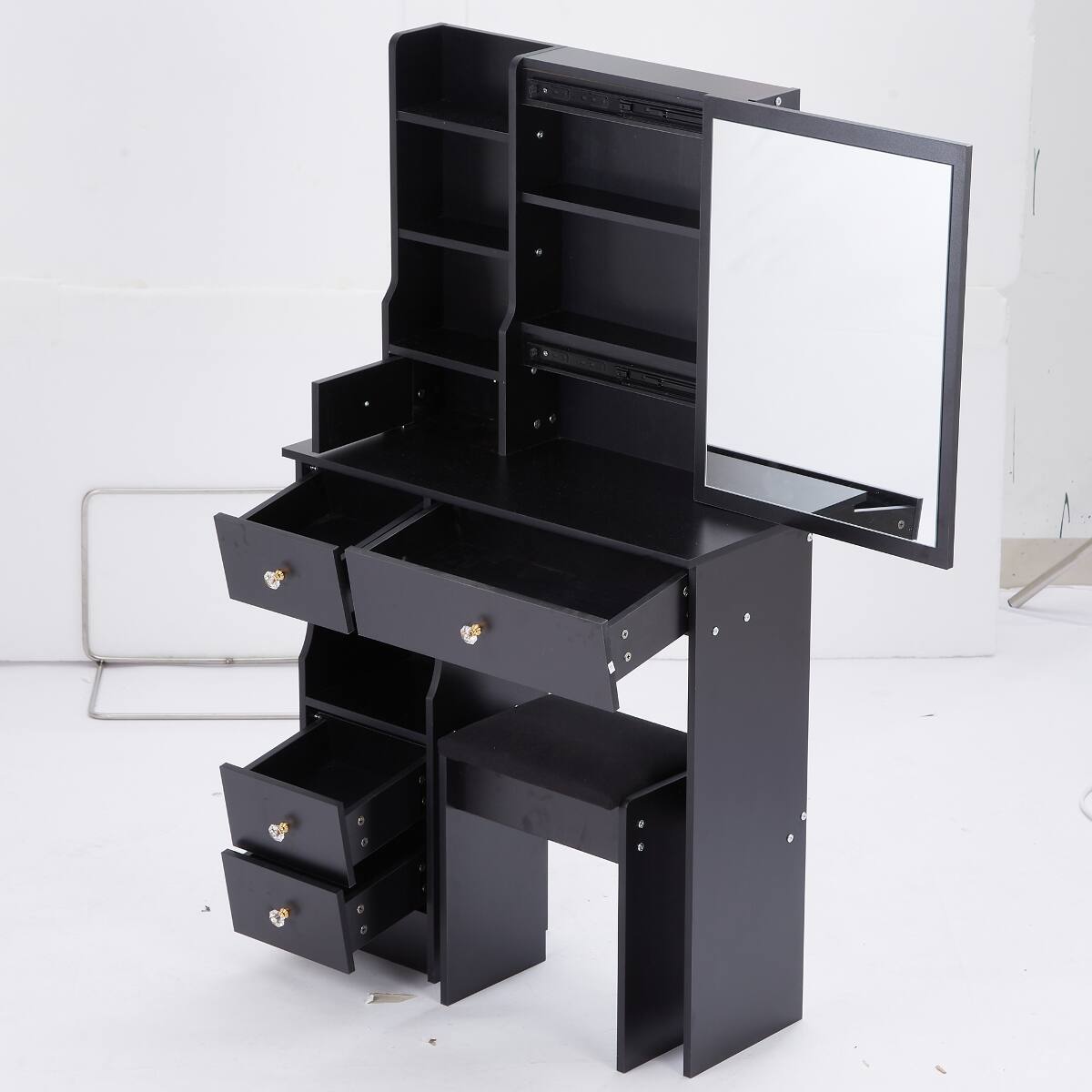 Alt View 8. Loheer - Loheer Small Space Vanity Table with Sliding Mirror and Padded Stool, Black MDF, Compact Bedroom - Black.