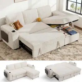 Dyonery - 85" Modular Sectional Sleeper Sofa with Pull Out Bed, 3 Seat L Shaped with Reclining Backrest,Chenille Beige - Beige