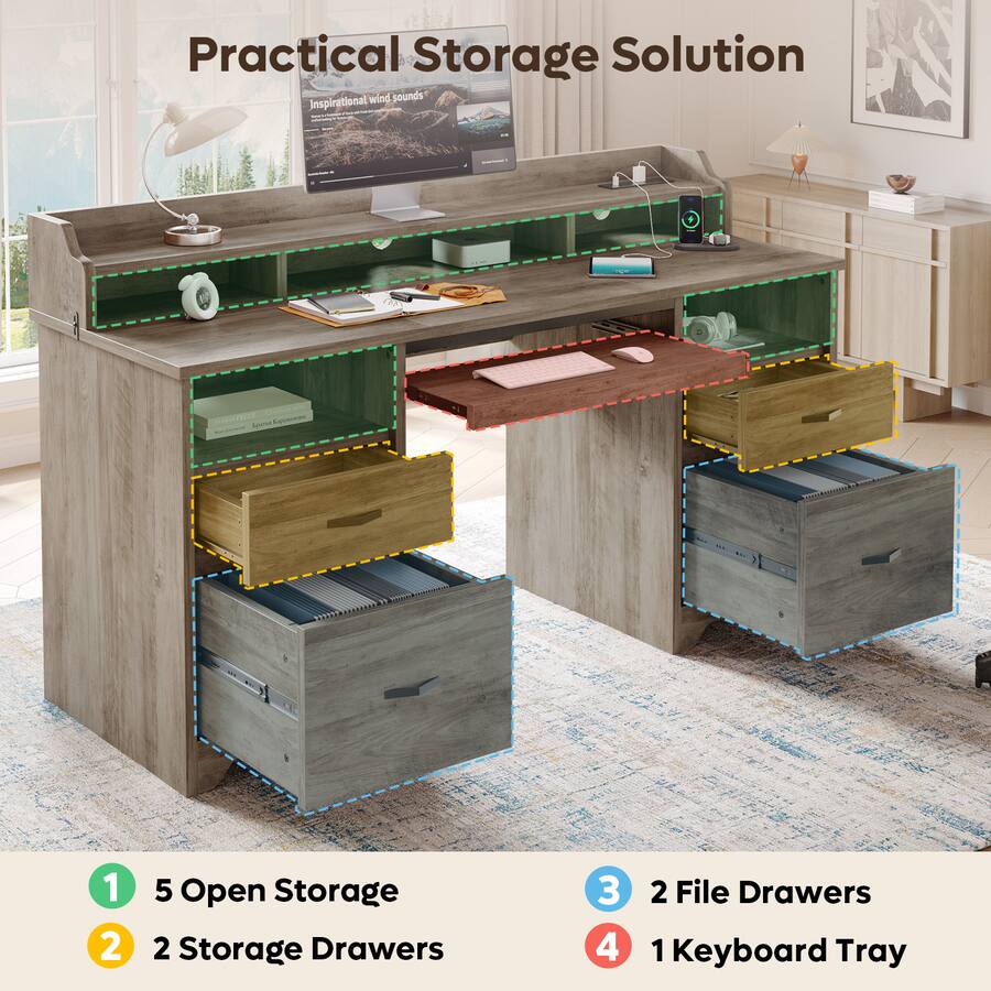 Bestier 59" Computer Desk with Charging Station, Lockable Drawers ...