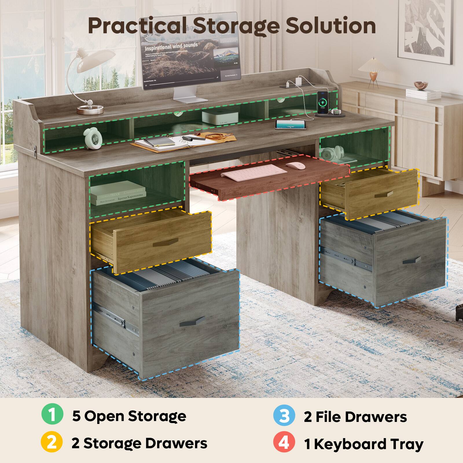Practical Storage Solution

1. 5 Open Storage
2. 2 Storage Drawers
3. 2 File Drawers
4. 1 Keyboard Tray