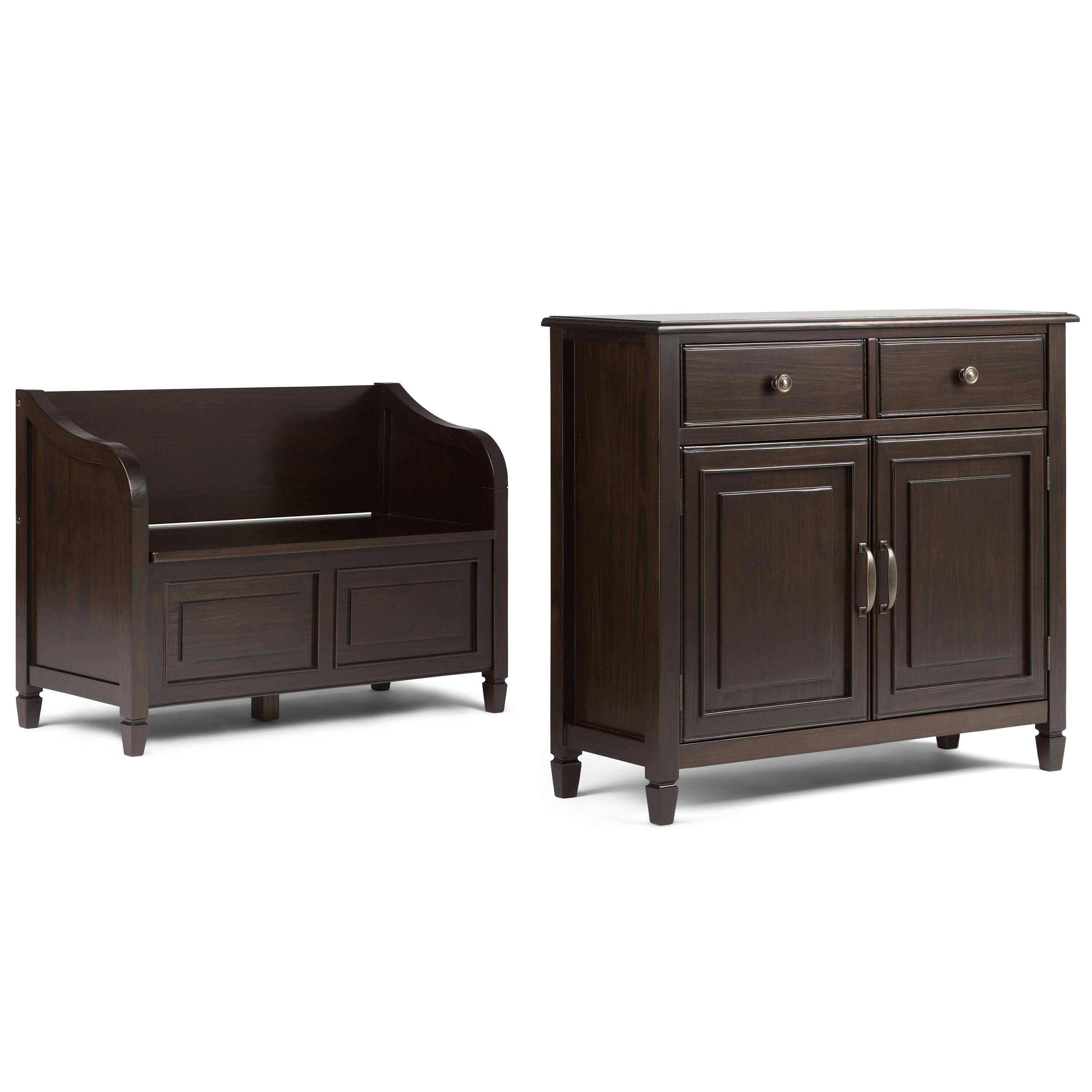 Front. Simpli Home - Connaught Solid Wood 42 inch Wide Storage Bench and 40 inch Wide Storage Cabinet in Dark Chestnut Brown - Dark Chestnut Brown.