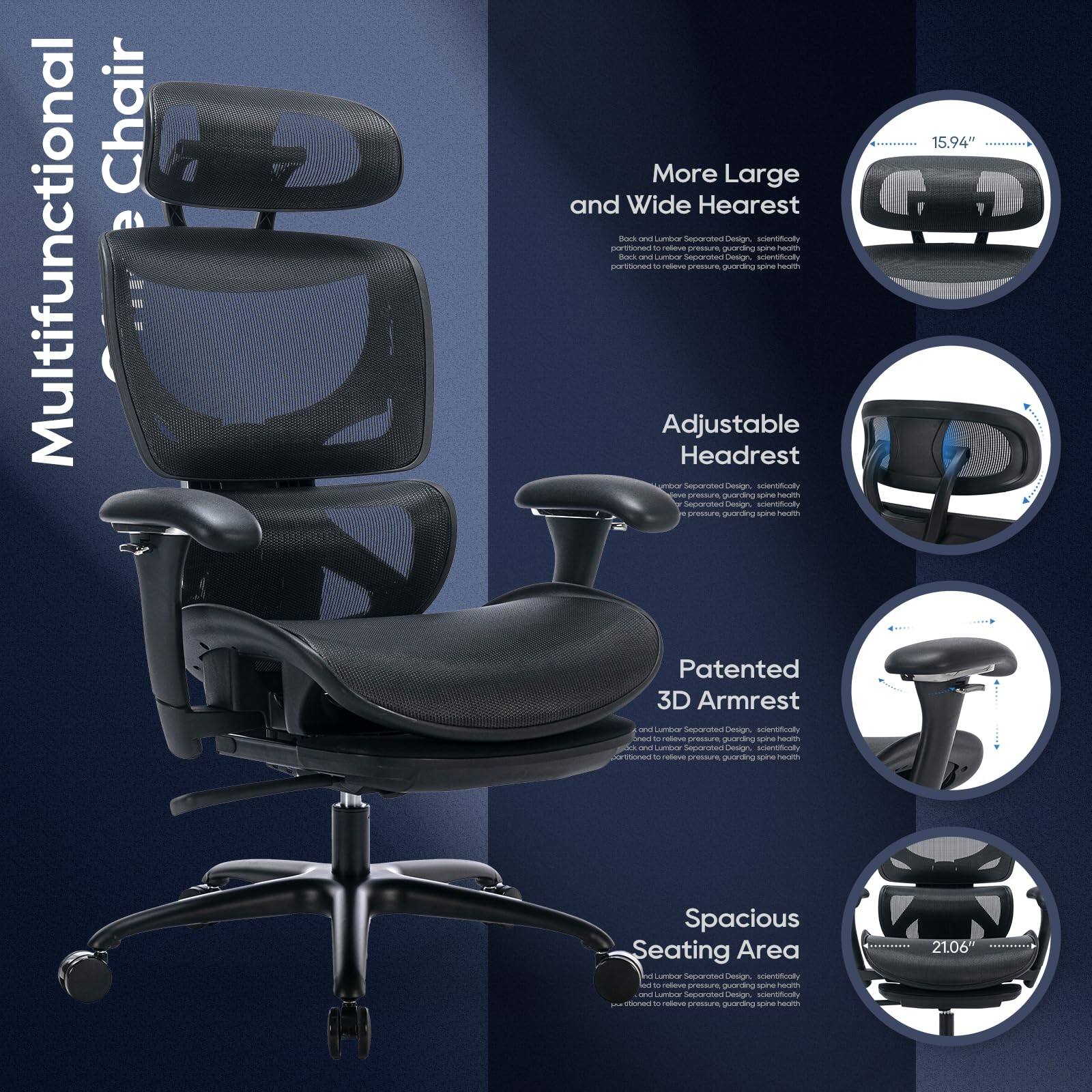 Sure, here is the corrected and grouped text from the image:

---

**Multifunctional Chair**

- **More Large and Wide Headrest**
  - Back and Lumbar Separated Design, scientifically positioned to relieve pressure, guaranteeing spine health.

- **Adjustable Headrest**
  - Lumbar Separated Design, scientifically positioned to relieve pressure, guaranteeing spine health.

- **Patented 3D Armrest**
  - 4-Arm and Lumbar Separated Design, scientifically positioned to relieve pressure, guaranteeing spine health.

- **Spacious Seating Area**
  - Lumbar Separated Design, scientifically positioned to relieve pressure, guaranteeing spine health.

---

**Dimensions:**
- 15.94" (Headrest)
- 21.06" (Seating Area)