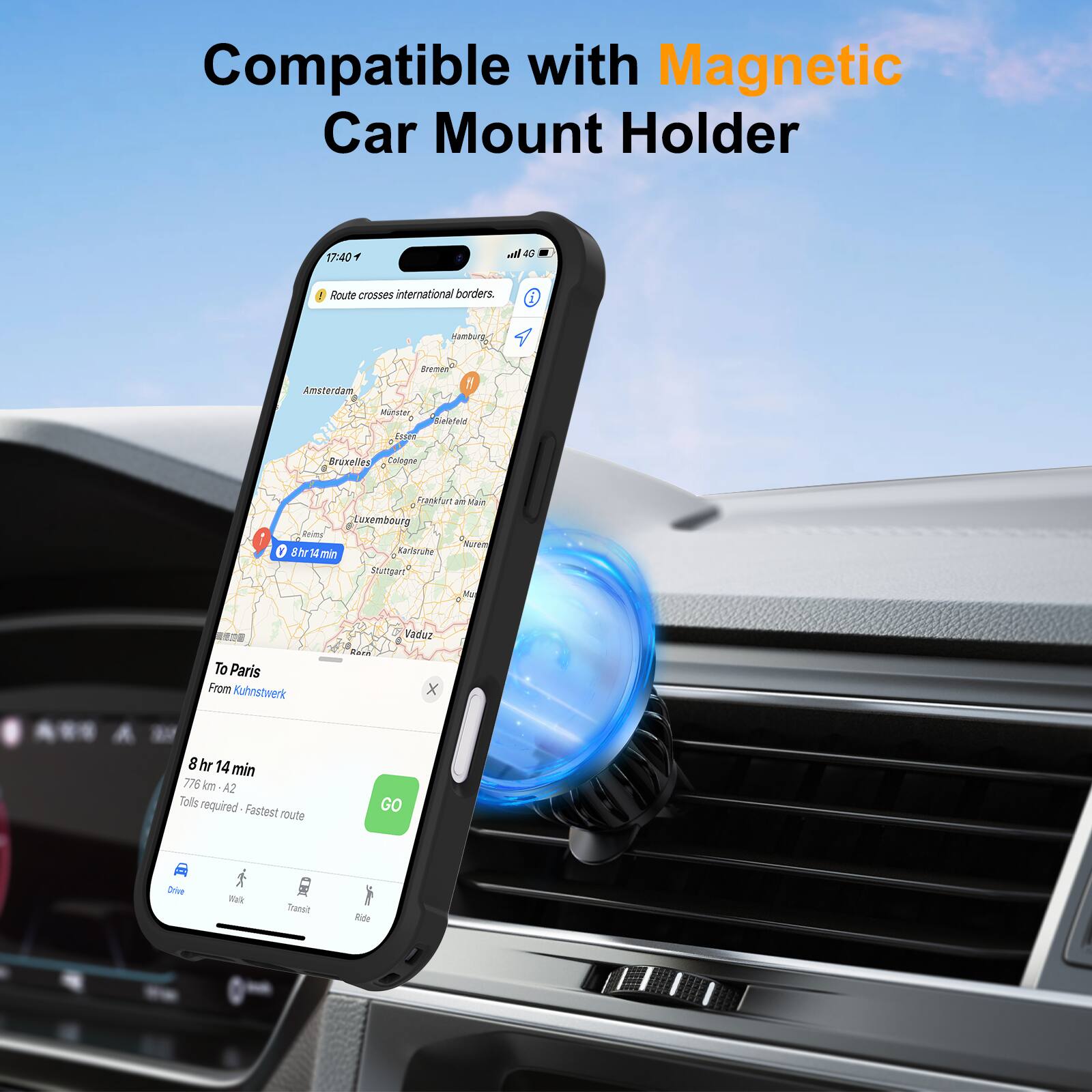 Compatible with Magnetic Car Mount Holder

17:40  
Route crosses international borders.  
Hamburg - Amsterdam - Bremen - Munster - Bruxelles - Colmar - Luxembourg - Nuremberg - Karlsruhe - Mulhouse - To Paris  
From Kuhnstwerk  
8 hr 14 min  
776 km  
A2  
Tolls required  
Fastest route  
GO  
Drive - Walk - Transit - Ride