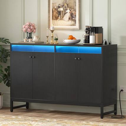 Front. Aheaplus - Sideboard Buffet Cabinet with Power Outlet and LED Light, 4 Doors Storage Cabinet for Dining/Kitchen - Black.