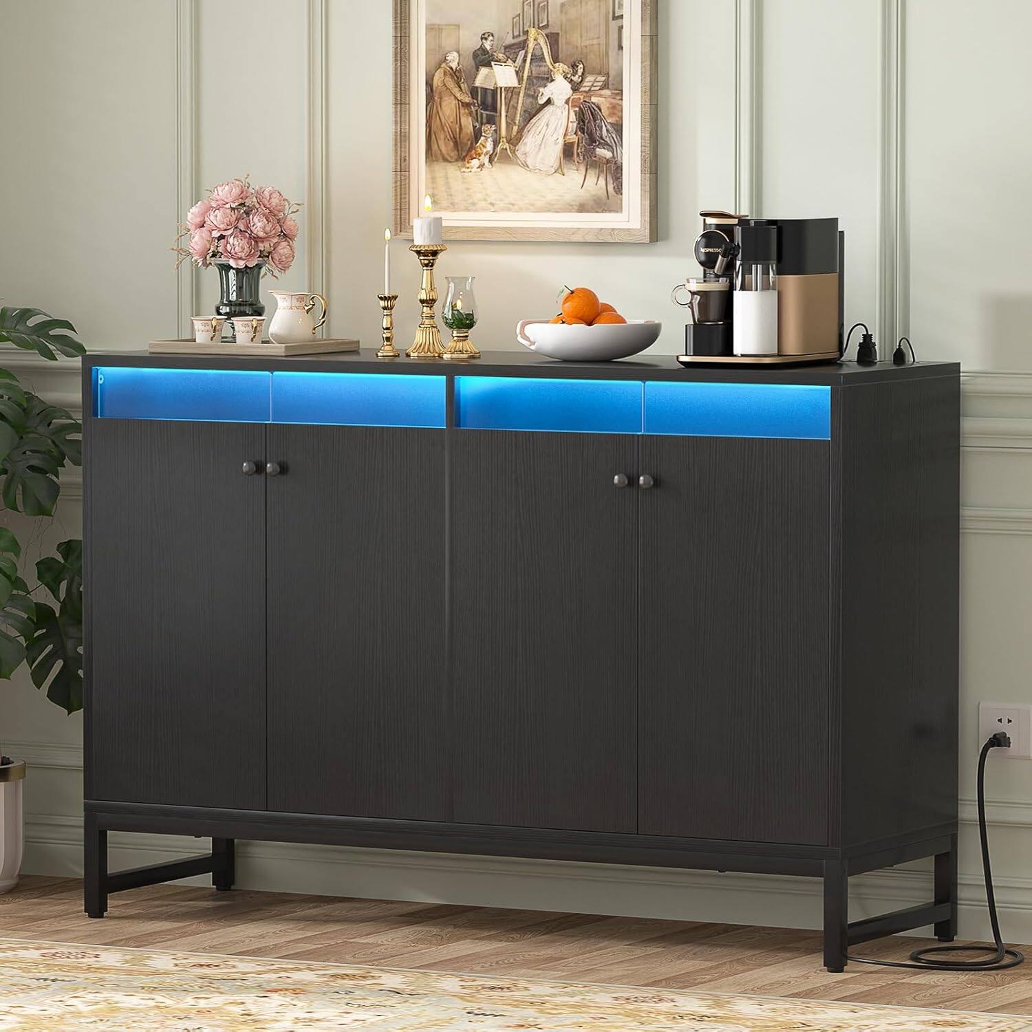 Front. Aheaplus - Sideboard Buffet Cabinet with Power Outlet and LED Light, 4 Doors Storage Cabinet for Dining/Kitchen - Black.
