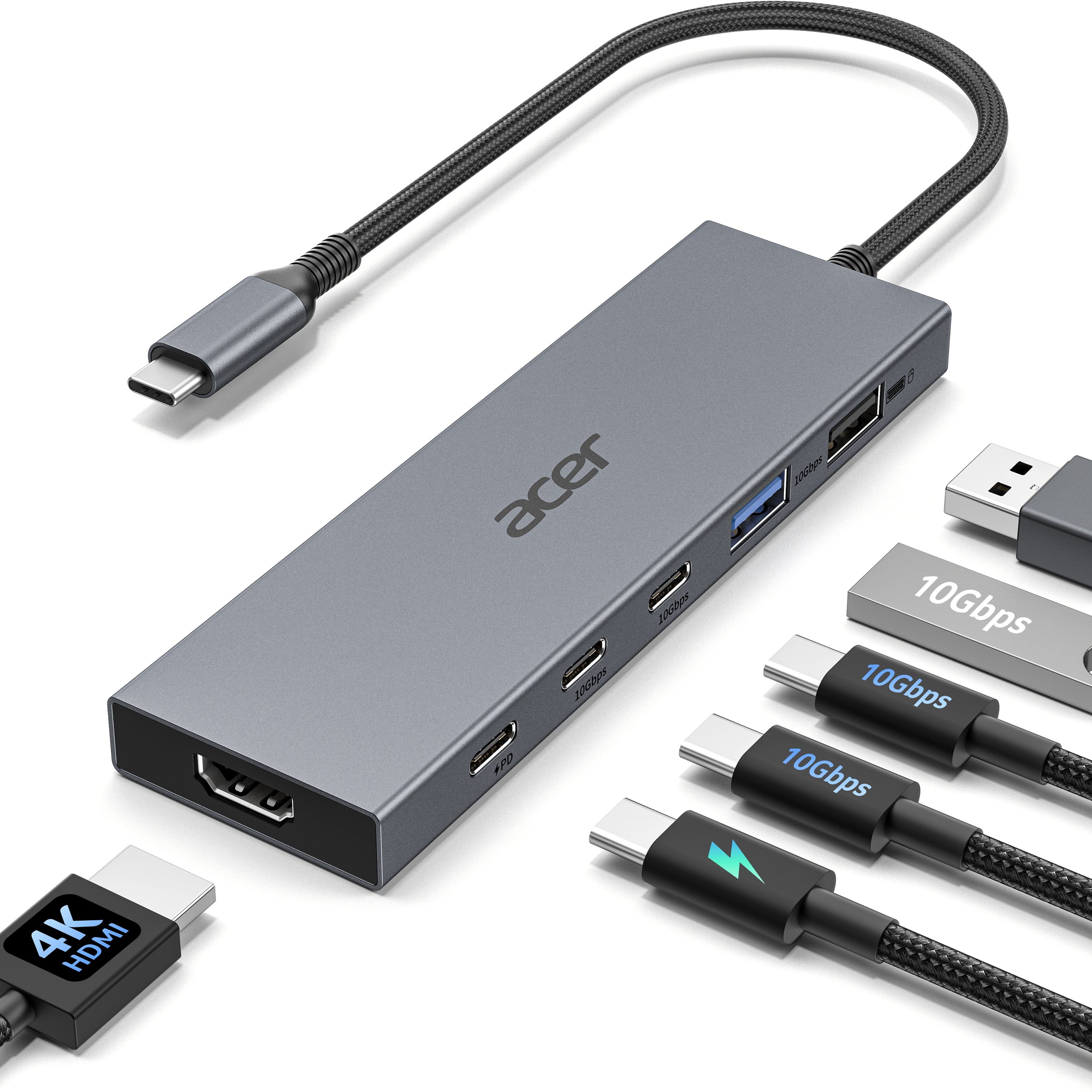 Acer - 6-in-1 USB C Hub 10Gbps, USB C to HDMI Adapter 4K@60Hz, 2×USB-C 3.2, 1×USB A 3.2, 1×USB 2.0 Data Transfer, 100W PD Port - Gray