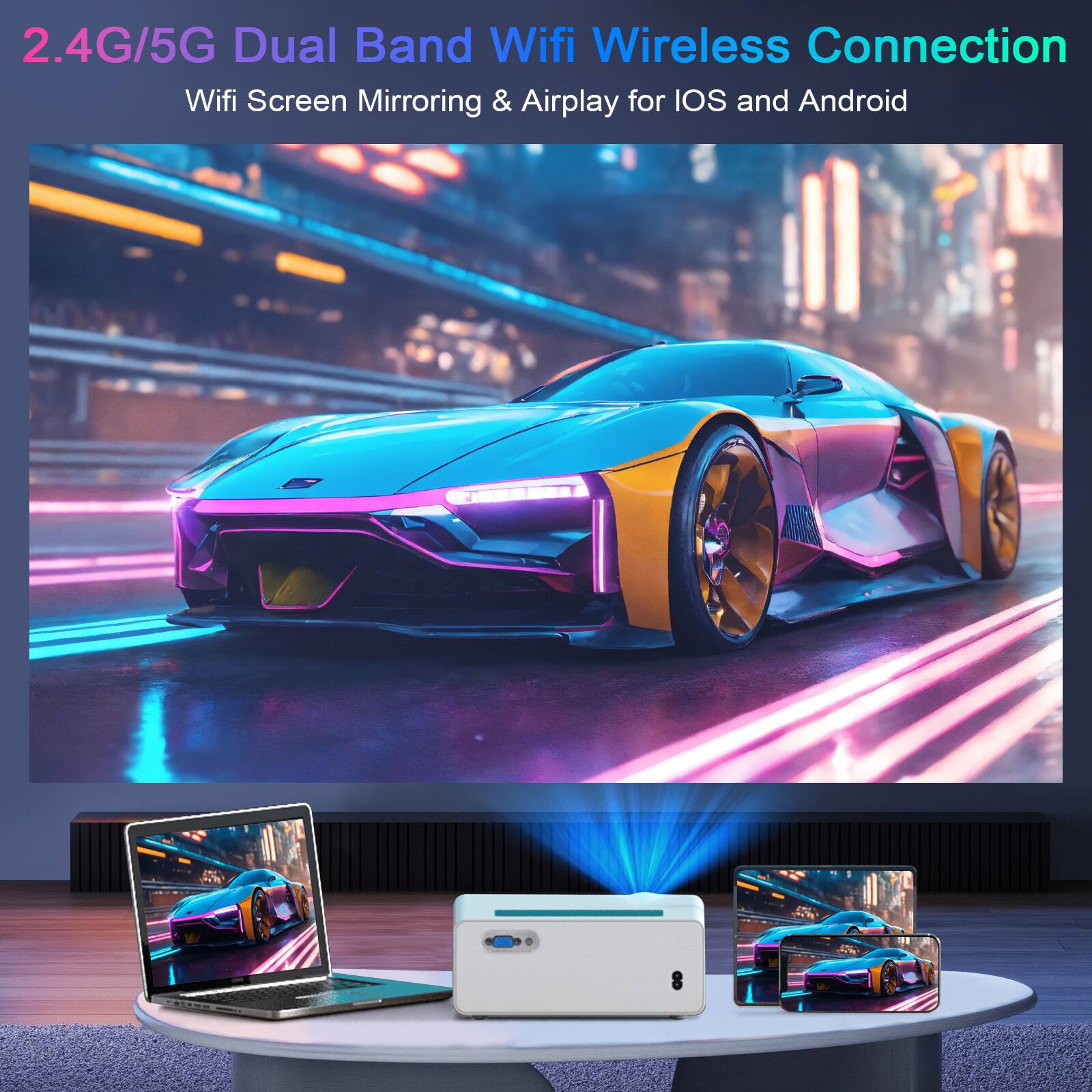 2.4G/5G Dual Band Wifi Wireless Connection  
Wifi Screen Mirroring & Airplay for iOS and Android