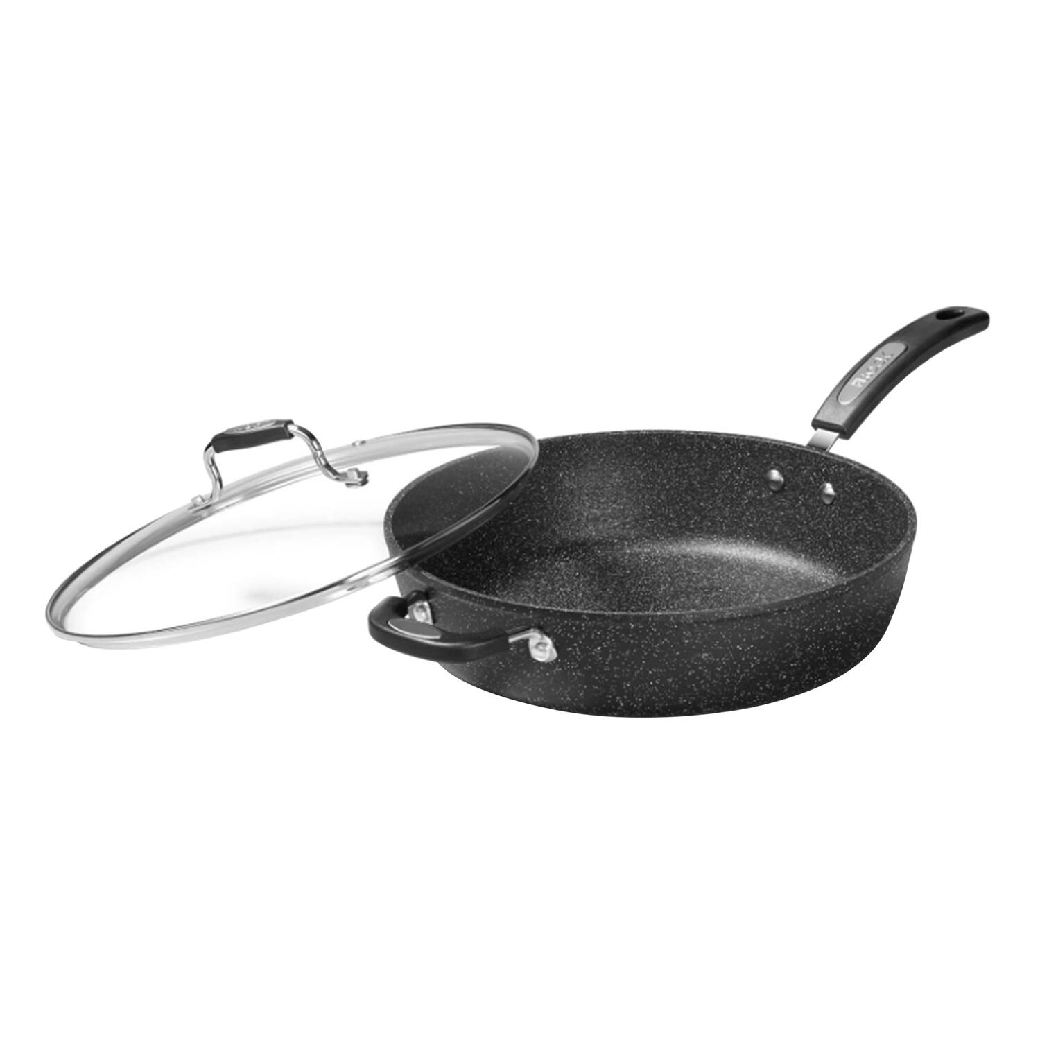 Angle. THE ROCK by Starfrit - 12" Deep Fry Pan with Lid and Bakelite Handle - Black.